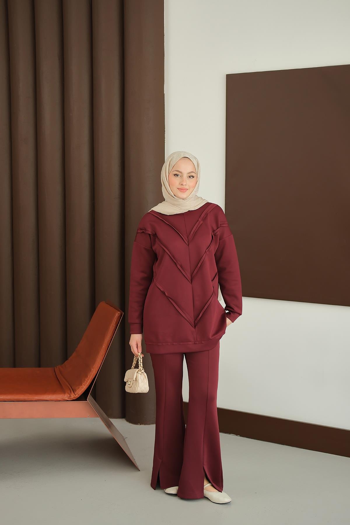 Önü V Detaylı Tunik  Bordo