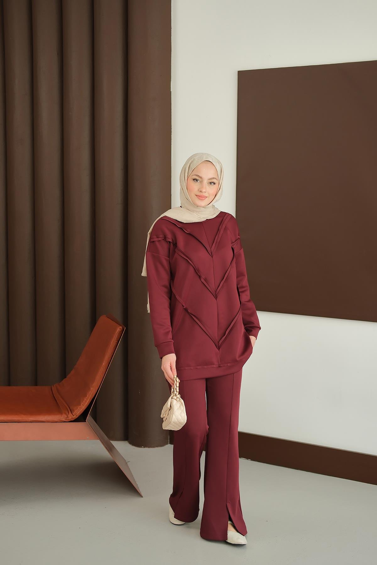 Önü V Detaylı Tunik  Bordo