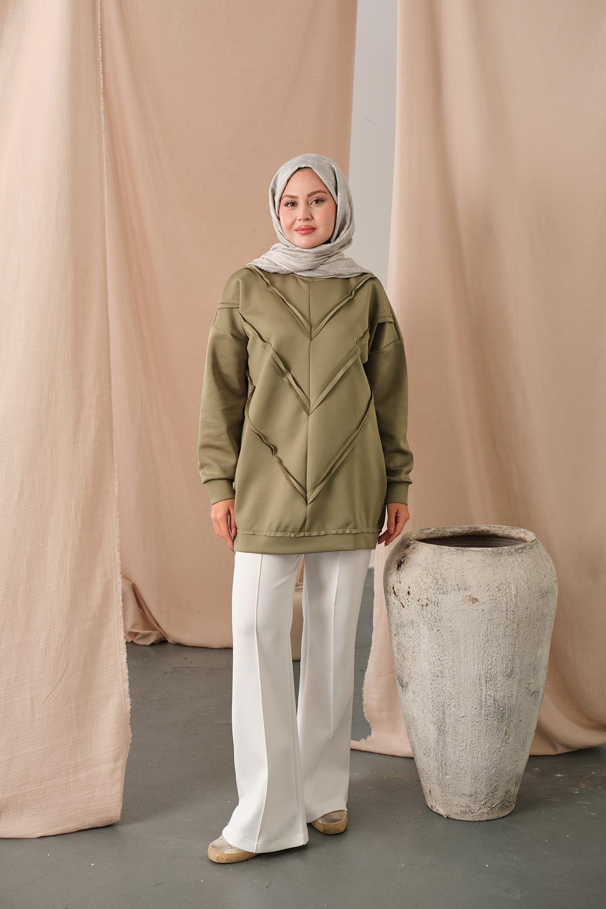 Önü V Detaylı Tunik Fıstık Yeşil