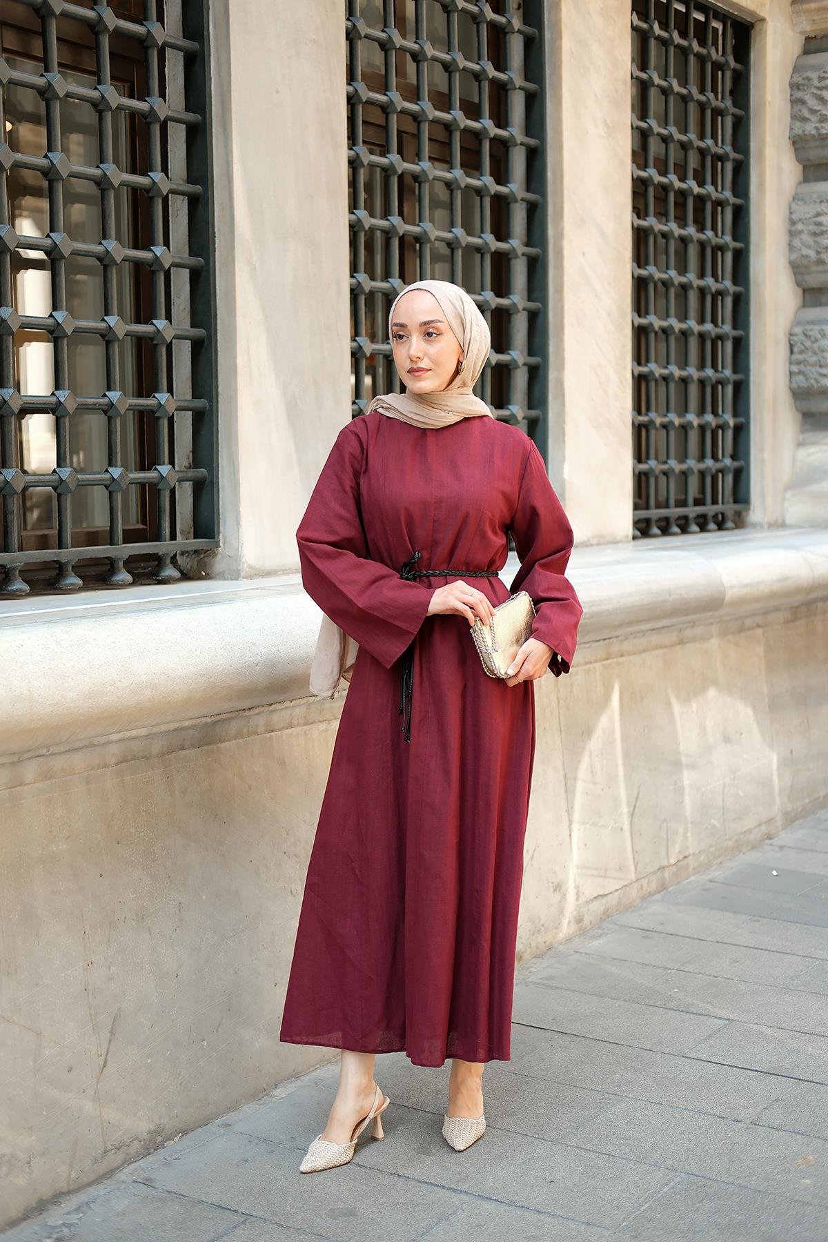 Örgü Bağlamalı Keten Elbise Bordo