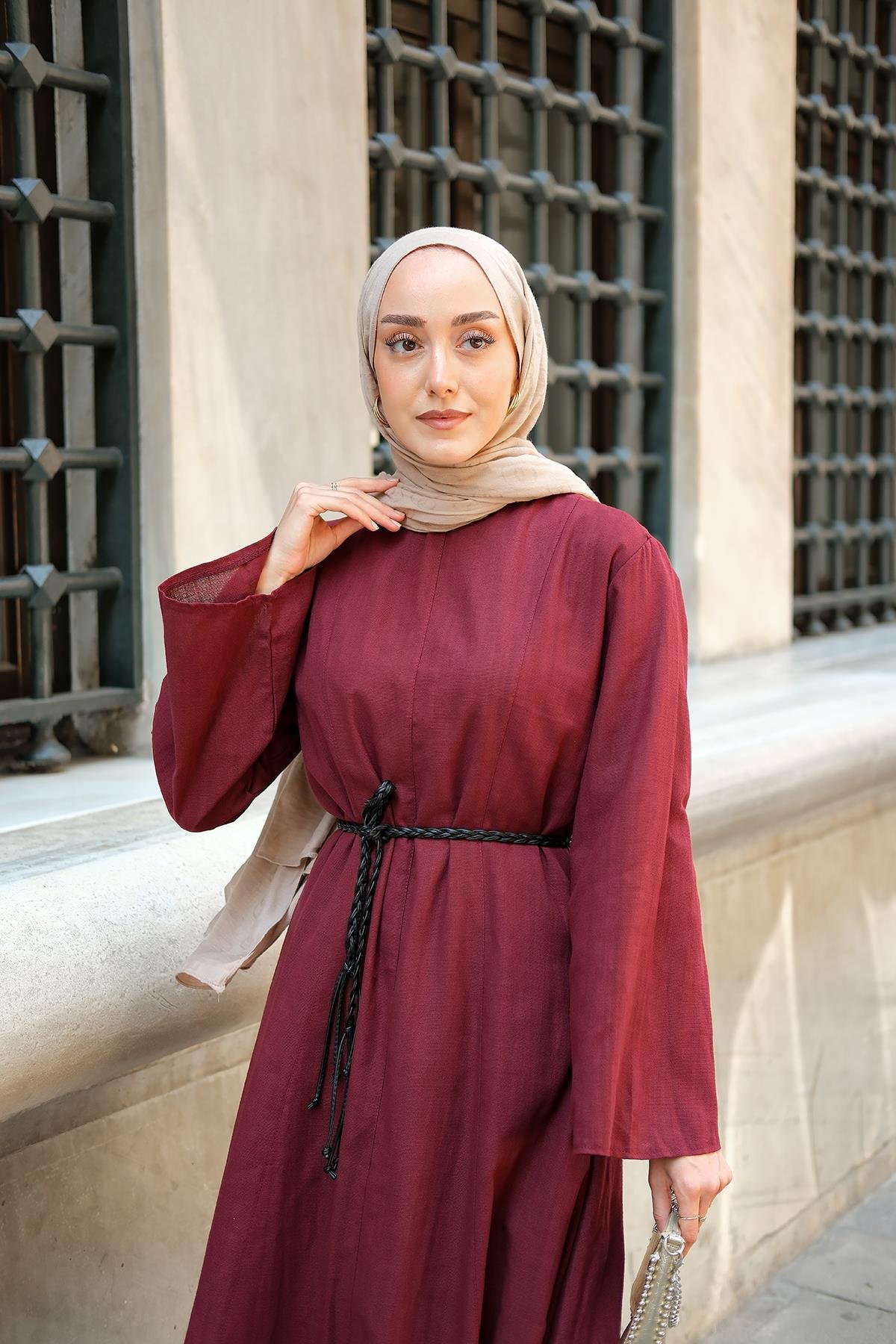 Örgü Bağlamalı Keten Elbise Bordo