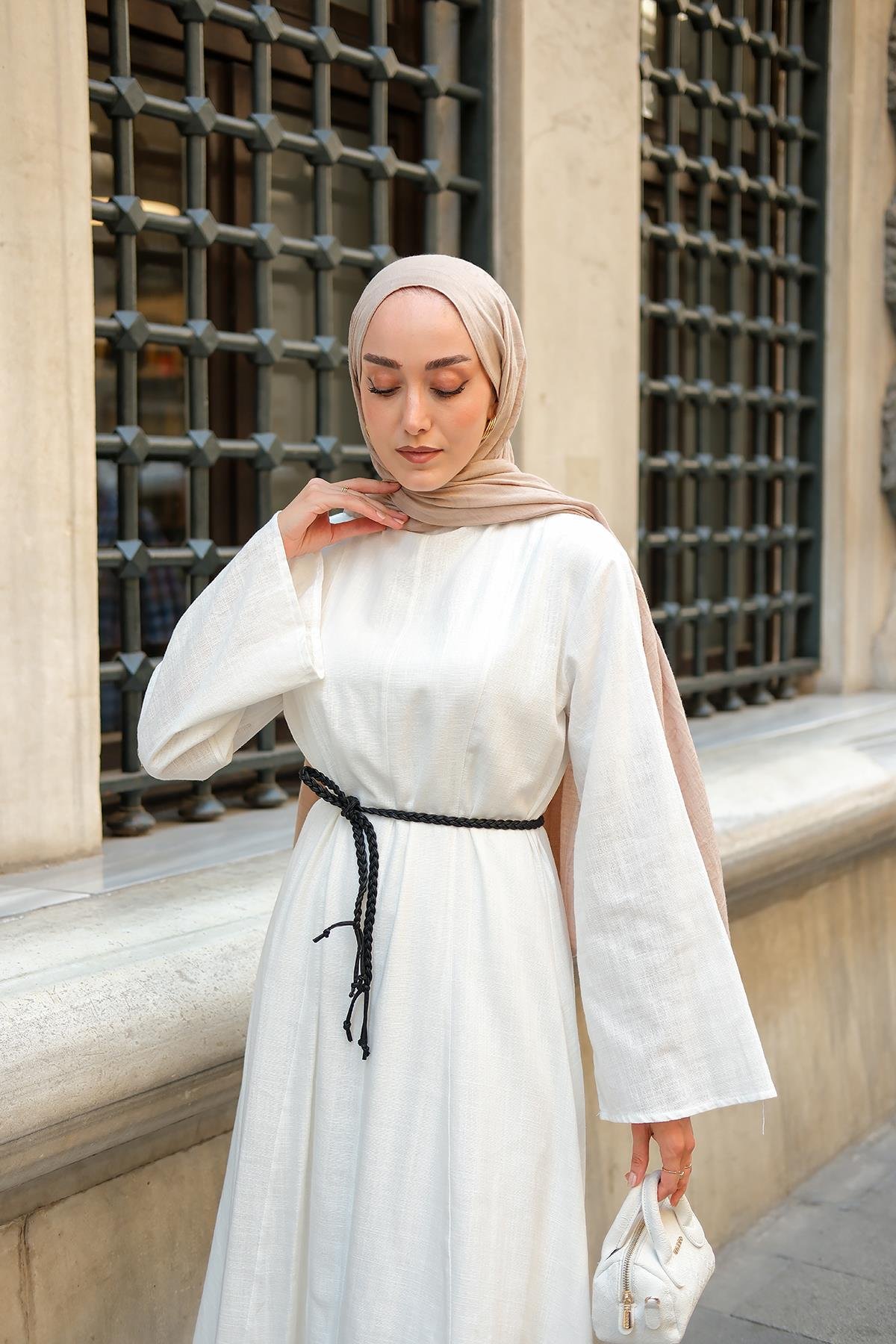Örgü Bağlamalı Keten Elbise Ekru
