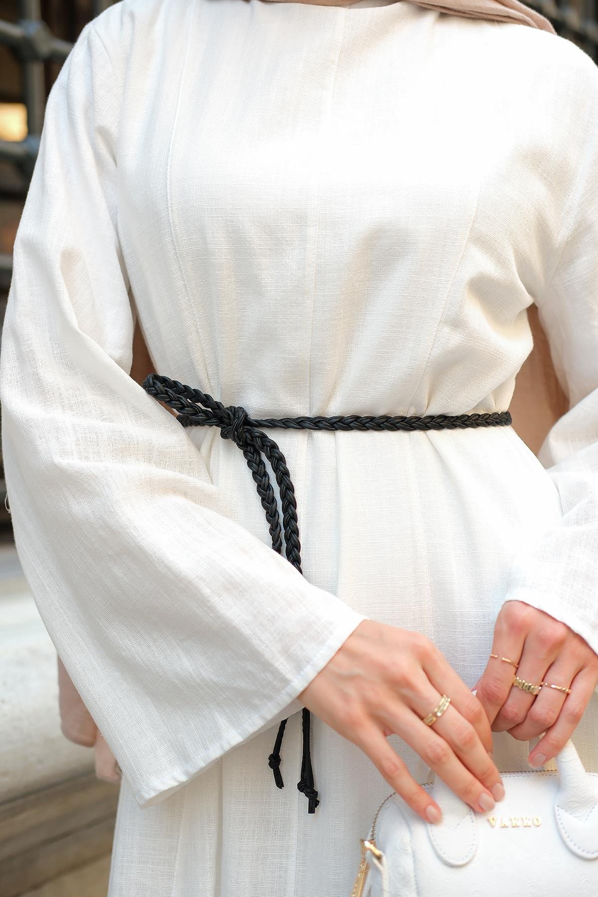 Örgü Bağlamalı Keten Elbise Ekru