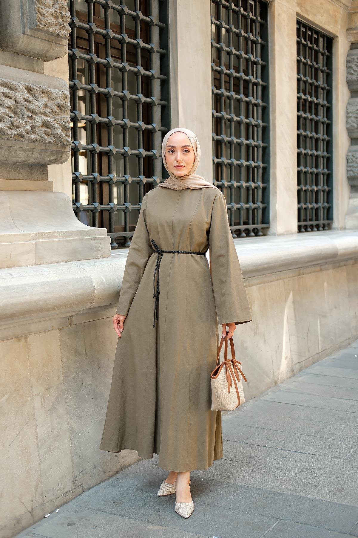 Örgü Bağlamalı Keten Elbise Haki Yeşil