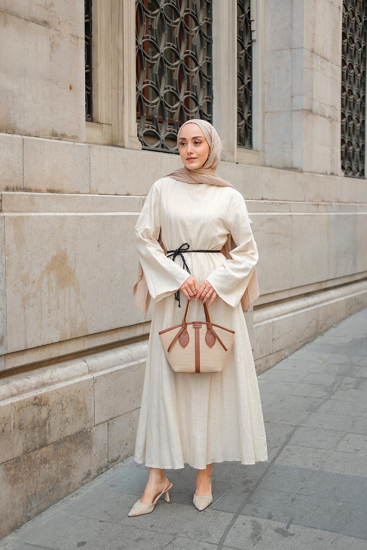Örgü Bağlamalı Keten Elbise Krem