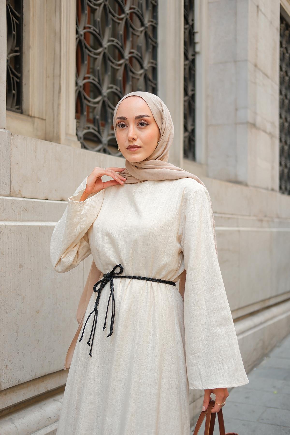Örgü Bağlamalı Keten Elbise Krem