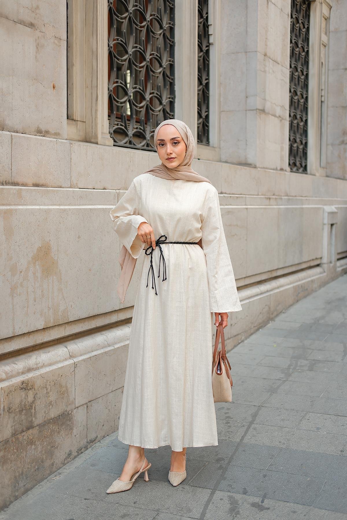 Örgü Bağlamalı Keten Elbise Krem