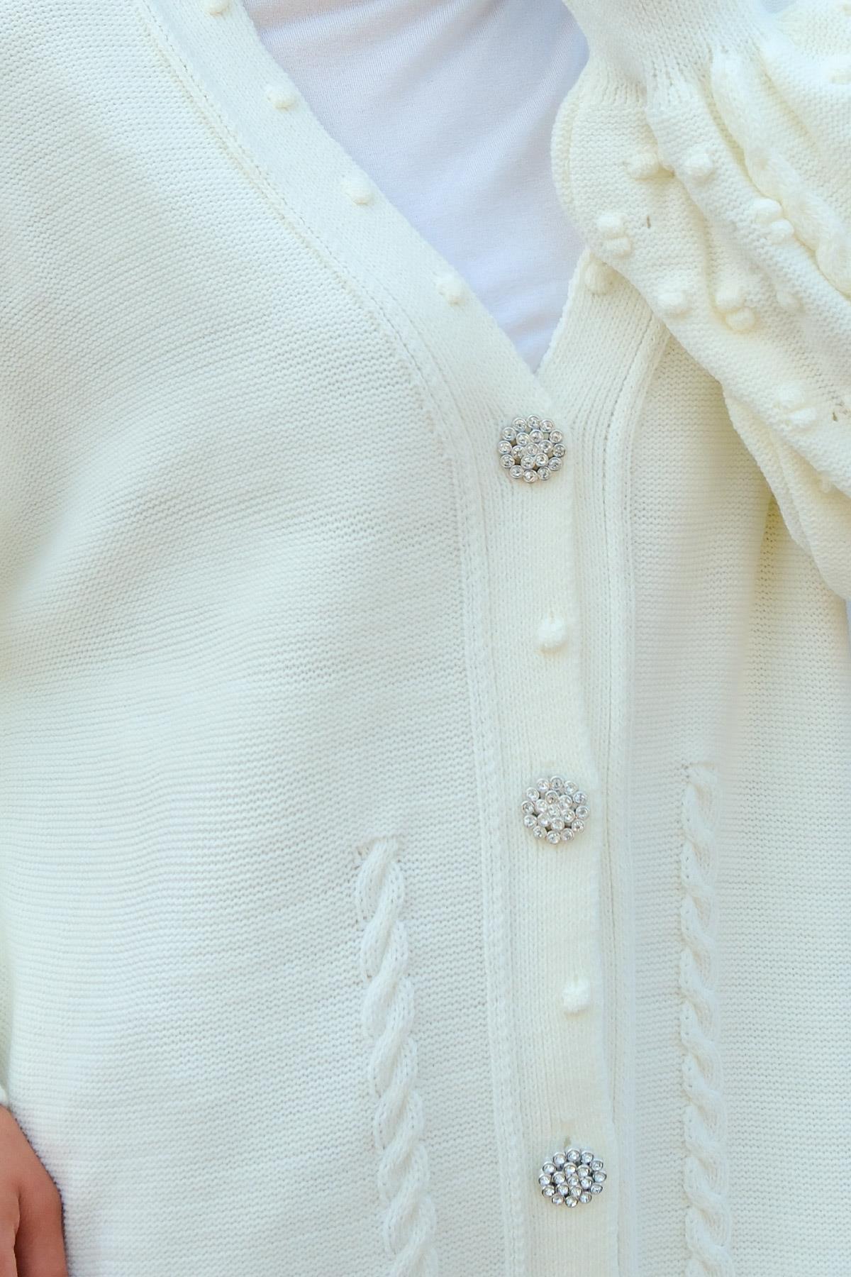 Örgü Desen Triko Hırka Beyaz