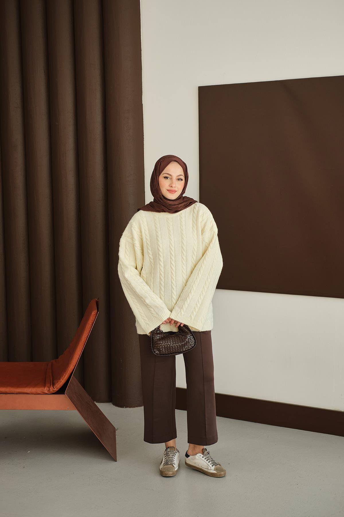 Örgü Desenli Triko Tunik Ekru