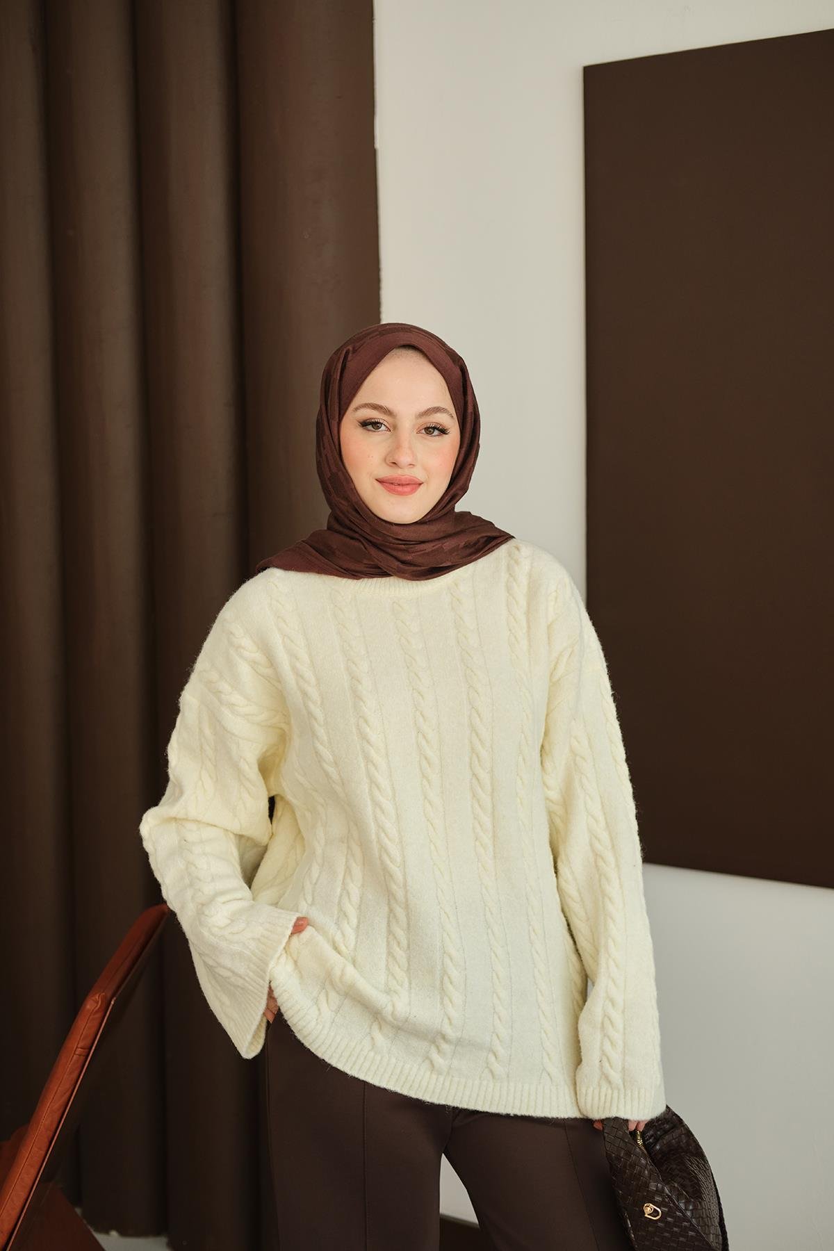 Örgü Desenli Triko Tunik Ekru