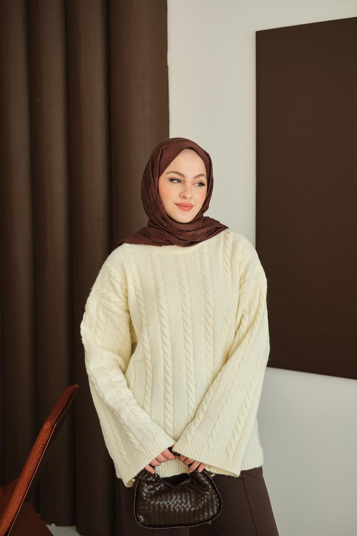 Örgü Desenli Triko Tunik Ekru