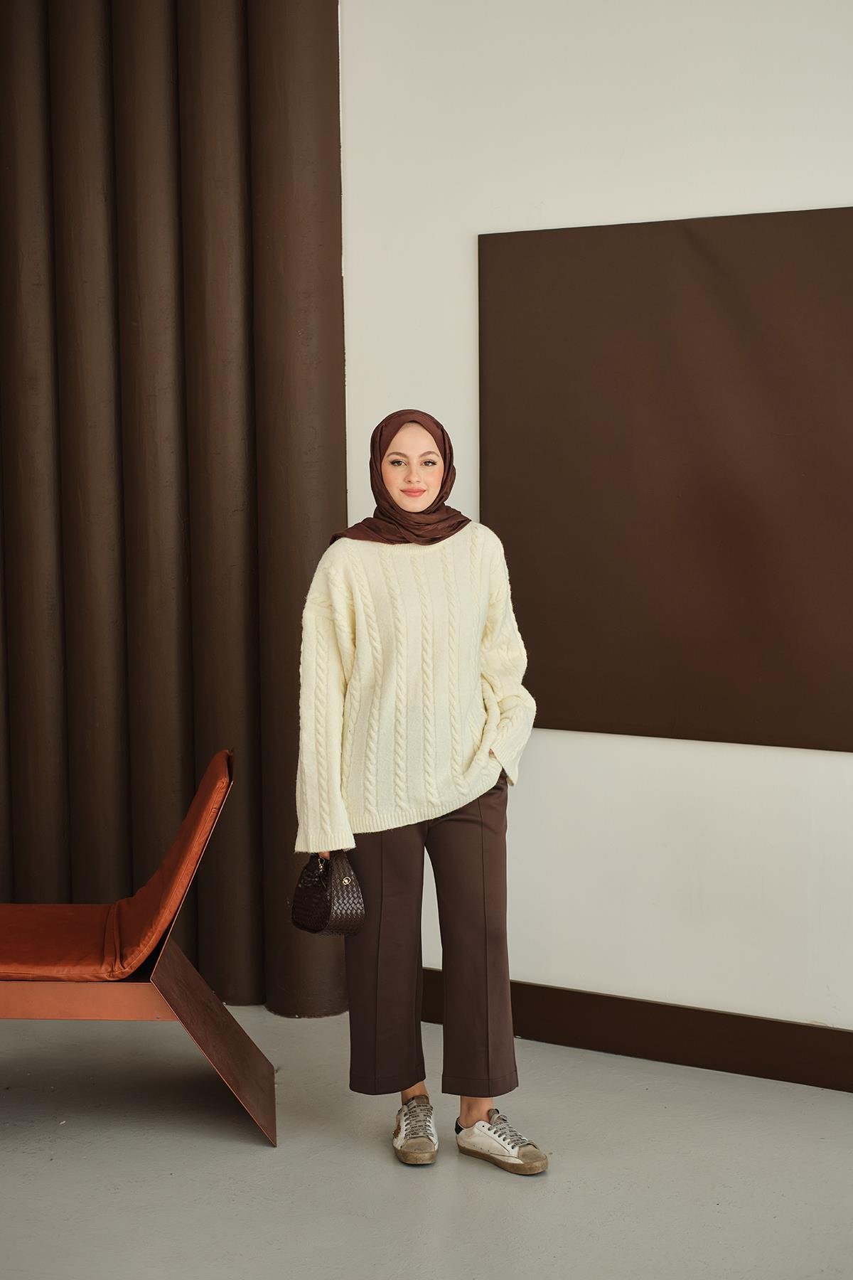 Örgü Desenli Triko Tunik Ekru