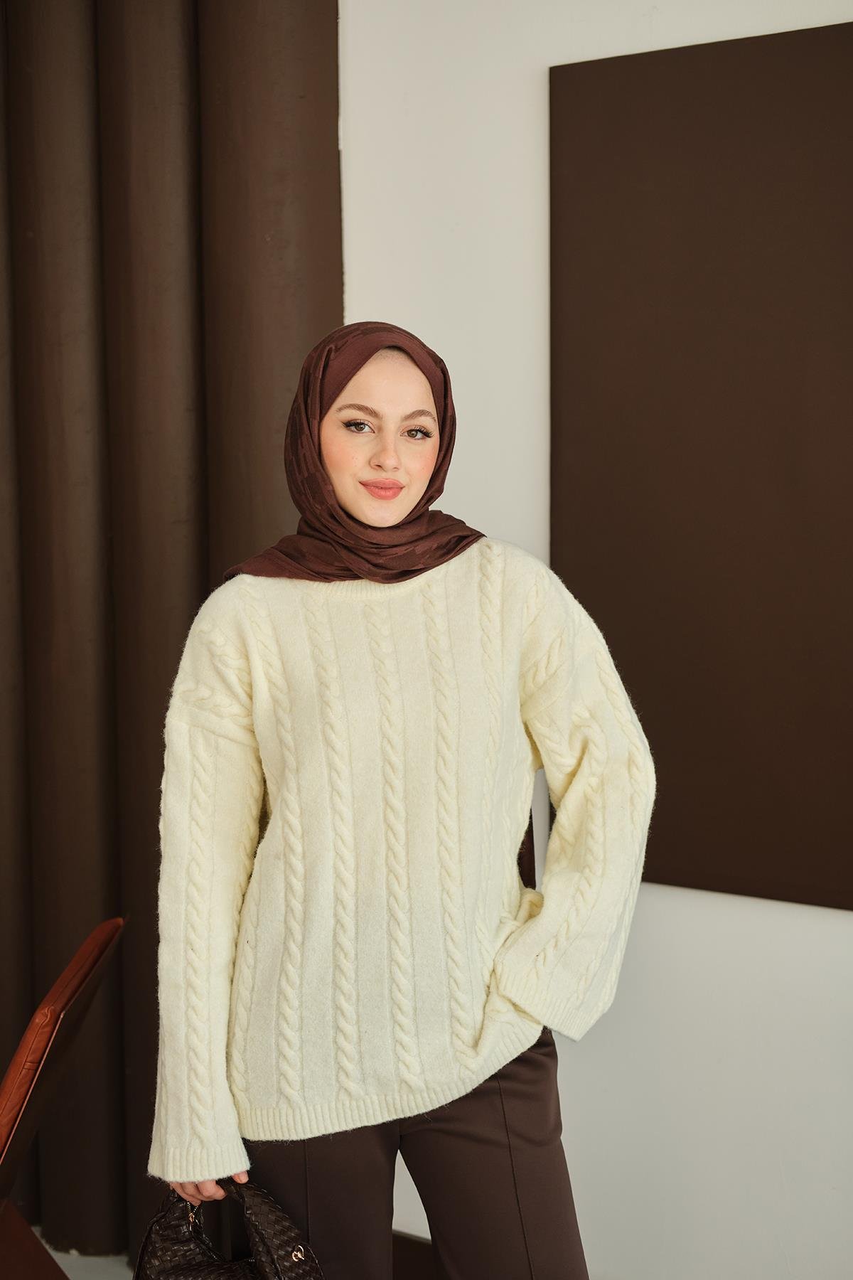 Örgü Desenli Triko Tunik Ekru