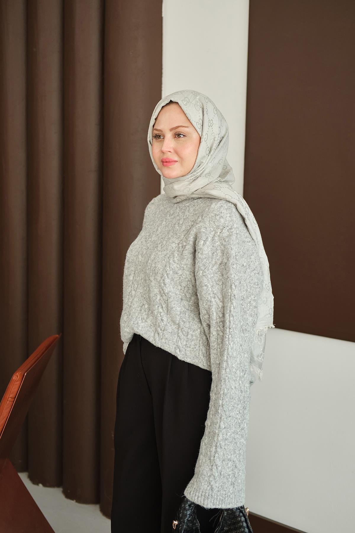 Örgü Desenli Triko Tunik Gri