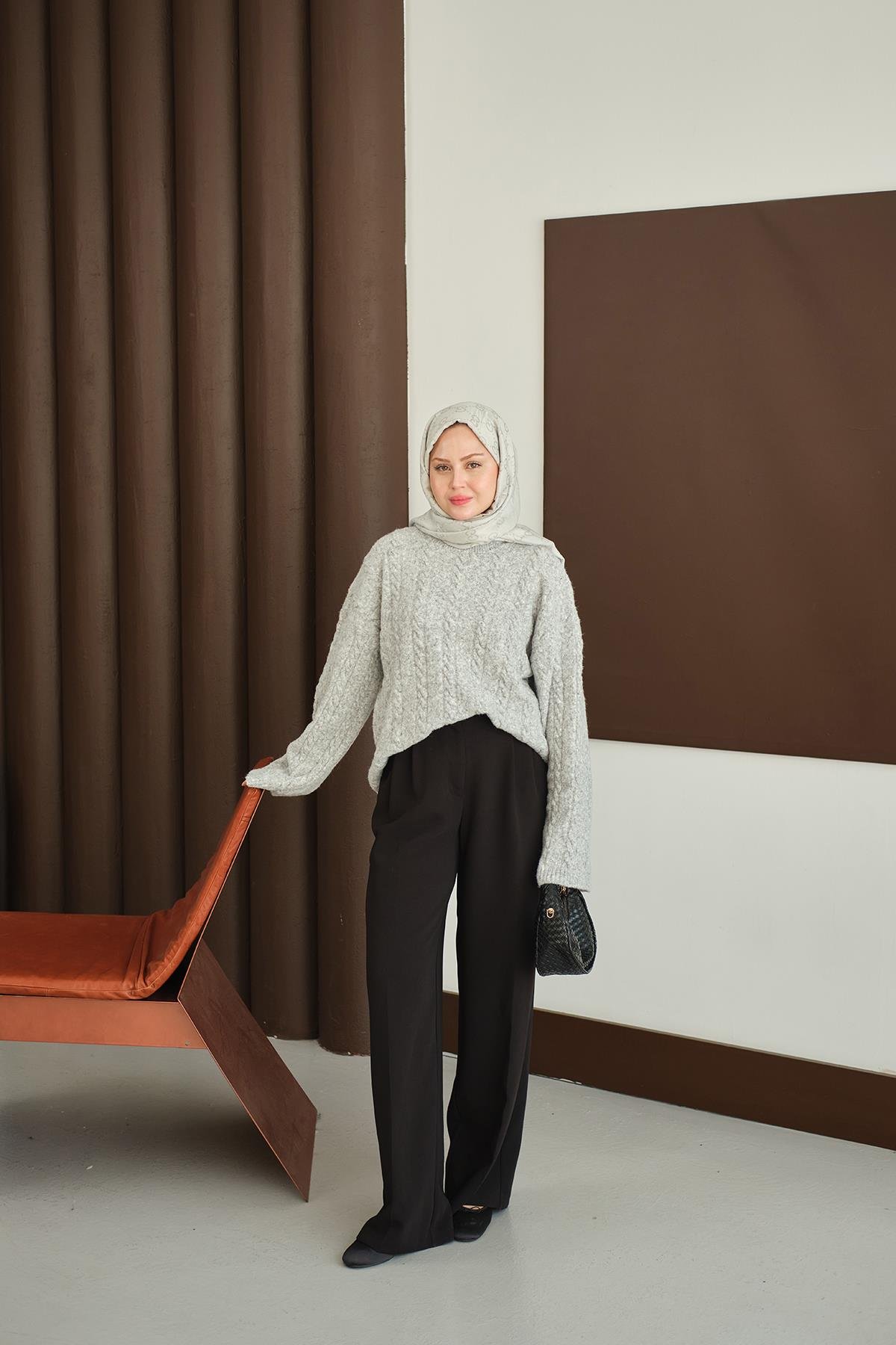 Örgü Desenli Triko Tunik Gri