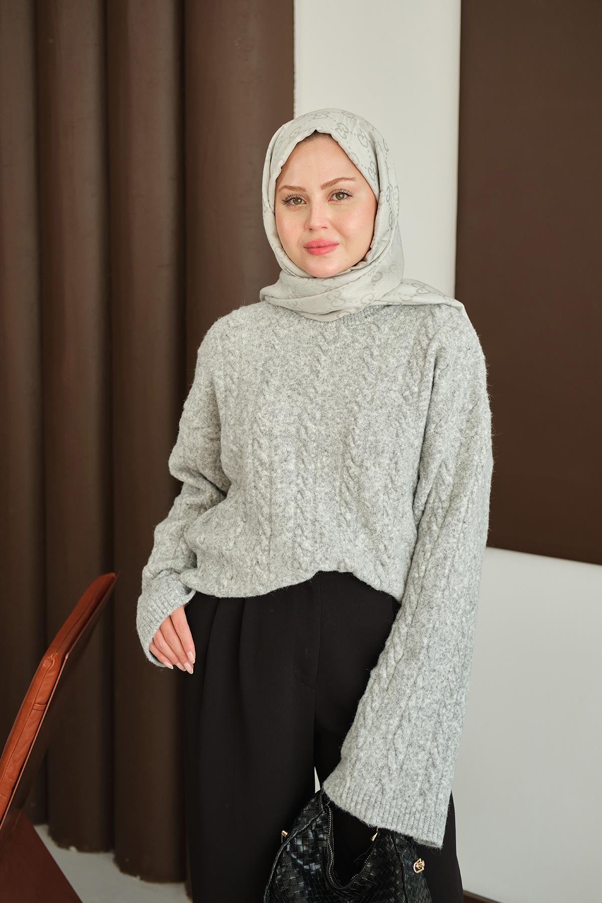 Örgü Desenli Triko Tunik Gri