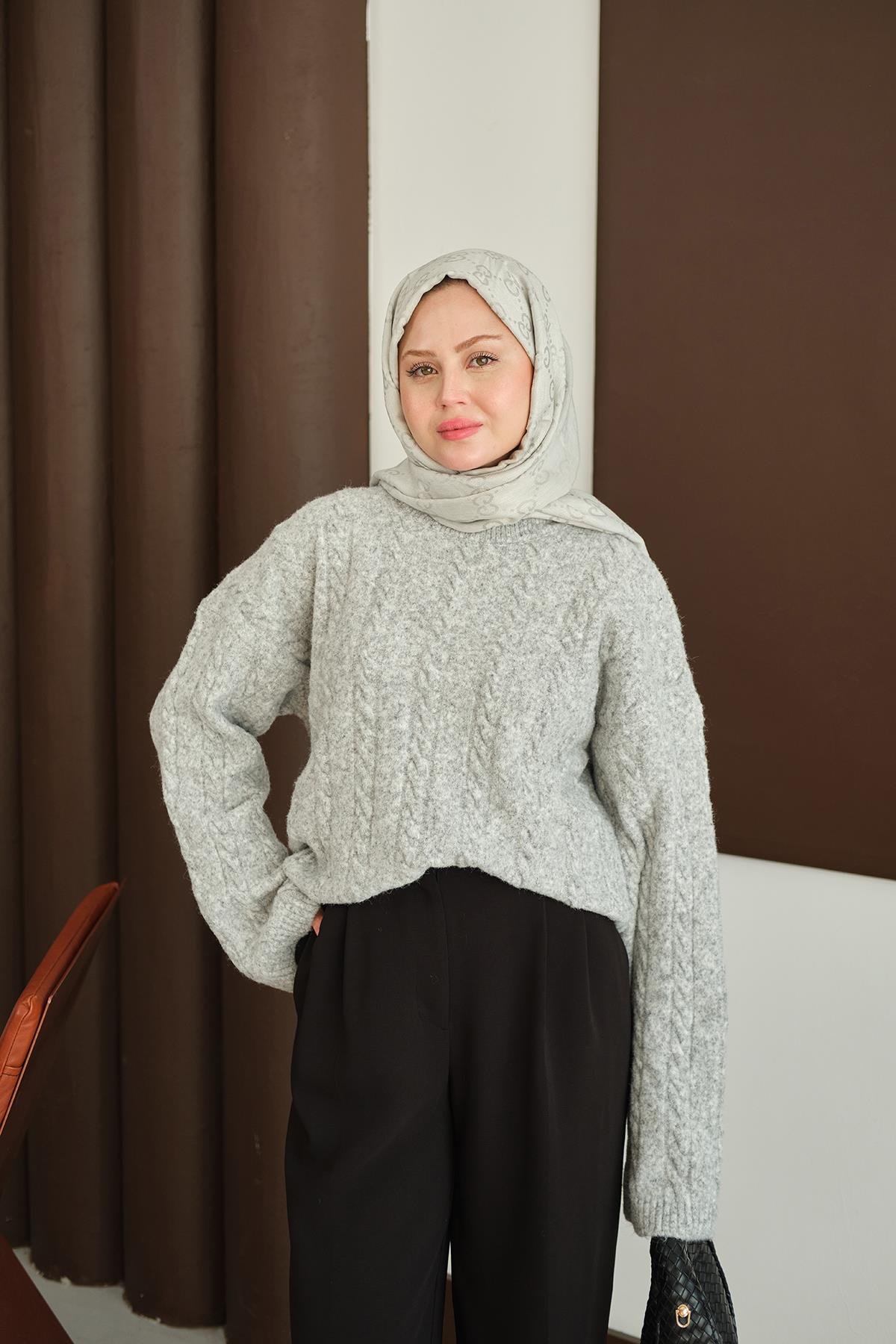 Örgü Desenli Triko Tunik Gri