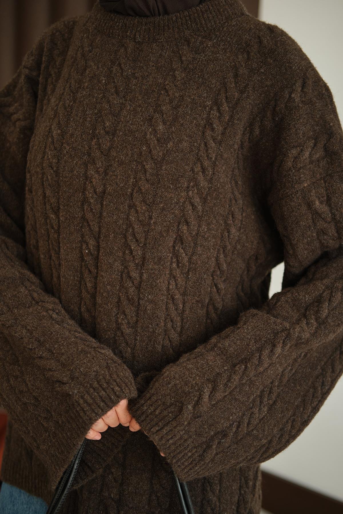 Örgü Desenli Triko Tunik Kahverengi