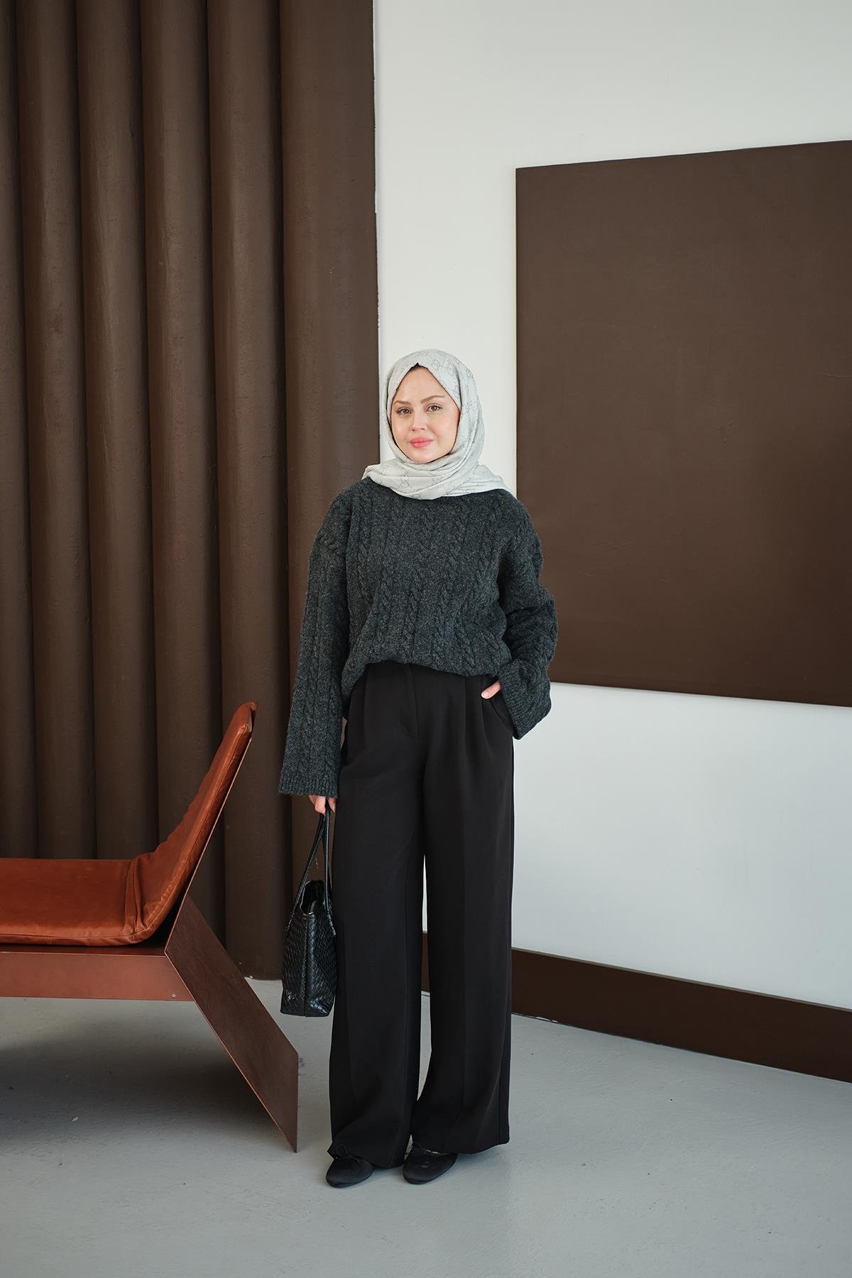 Örgü Desenli Triko Tunik Siyah