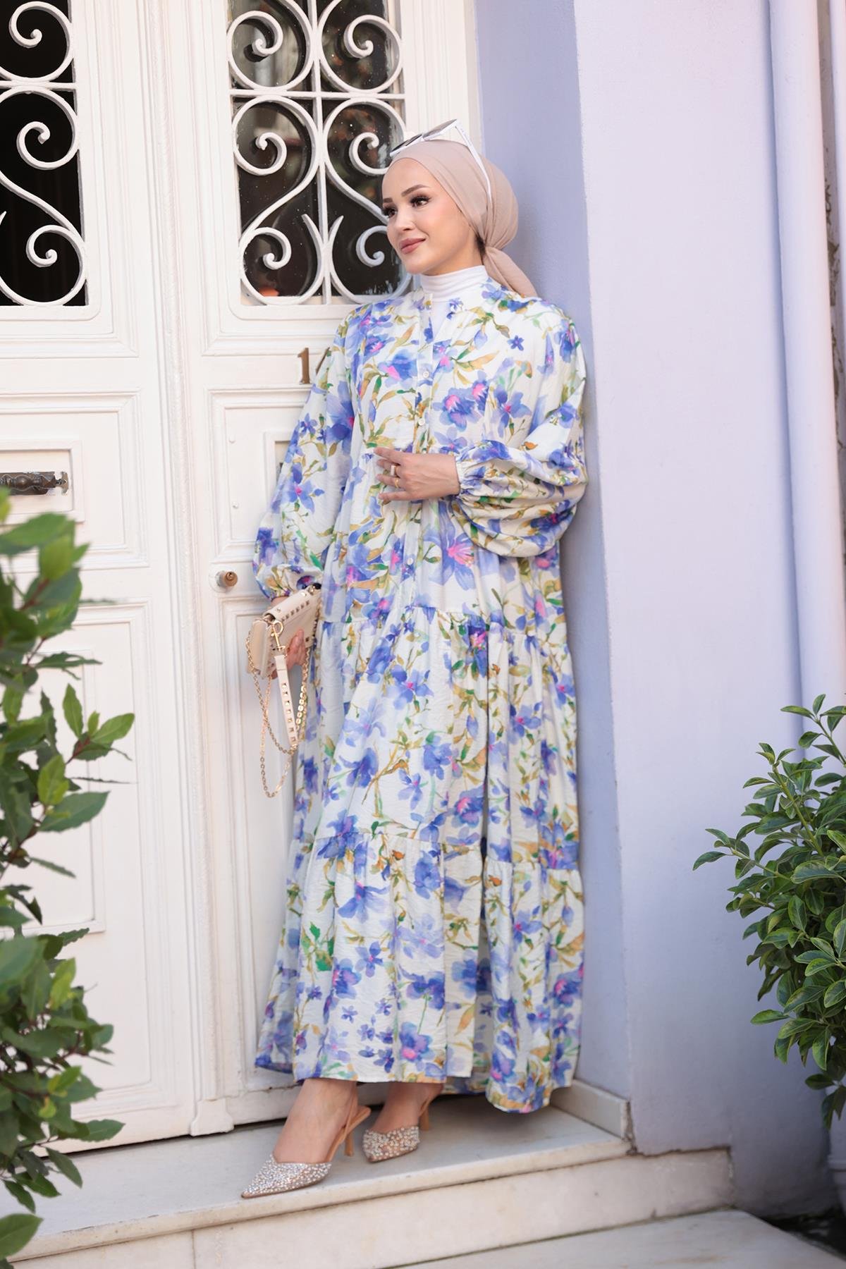 Orkide Desen Elbise Mor