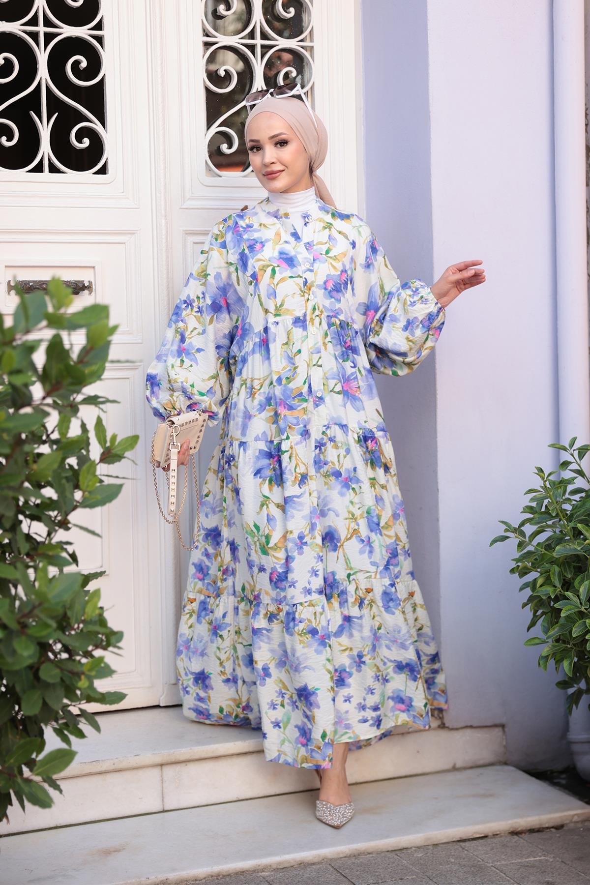 Orkide Desen Elbise Mor