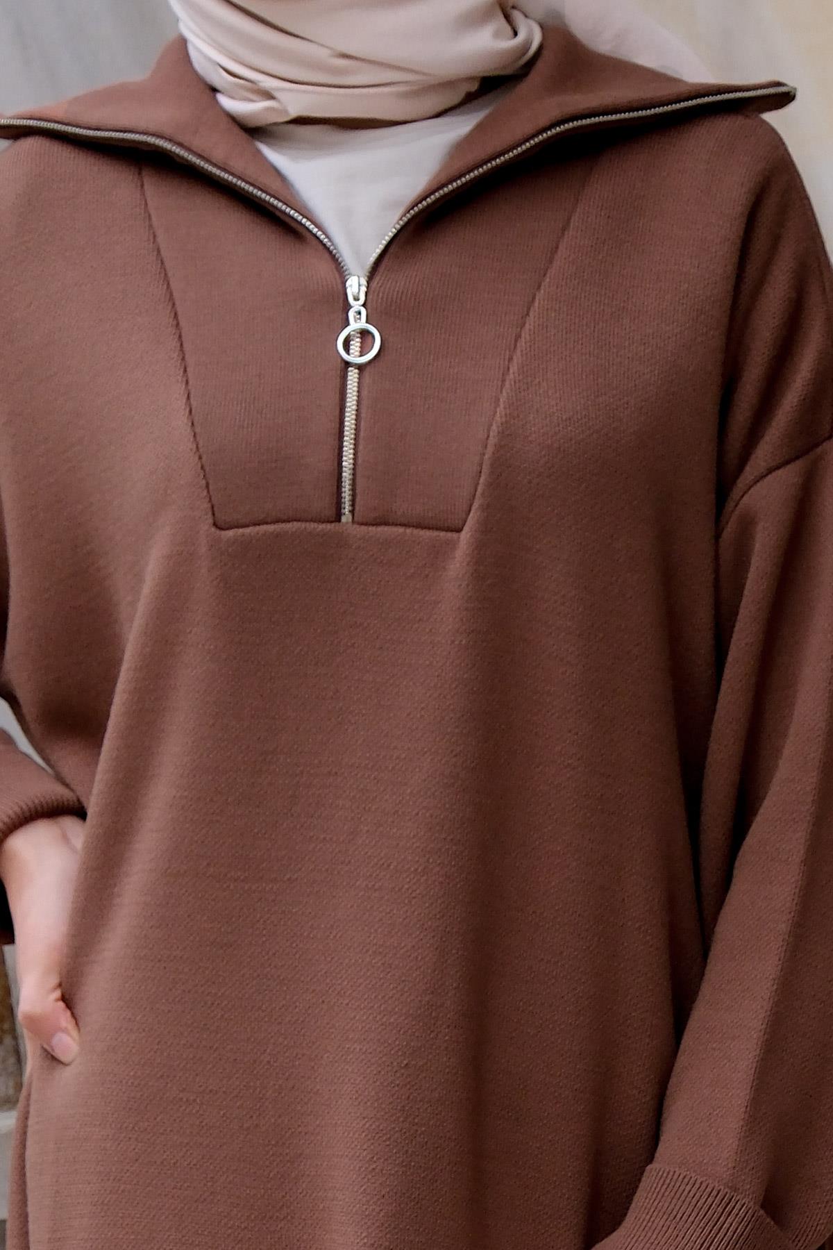 Oversize Boğazlı Triko Elbise Kahverengi