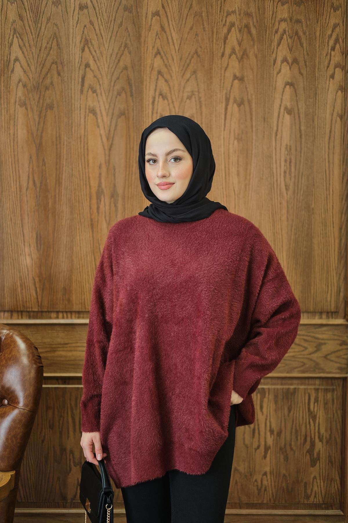 Oversize Kesim Peluş Kazak Bordo