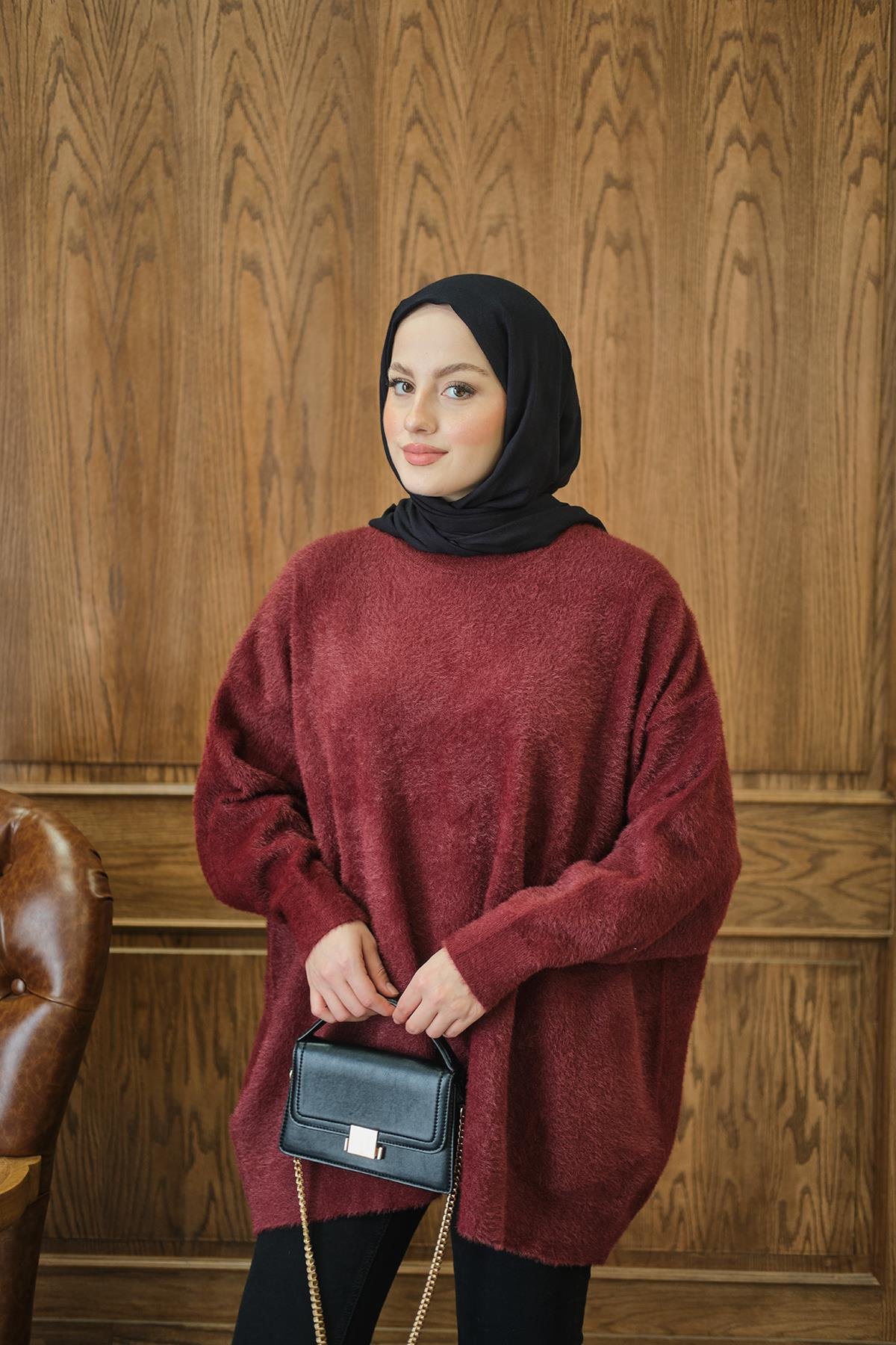 Oversize Kesim Peluş Kazak Bordo