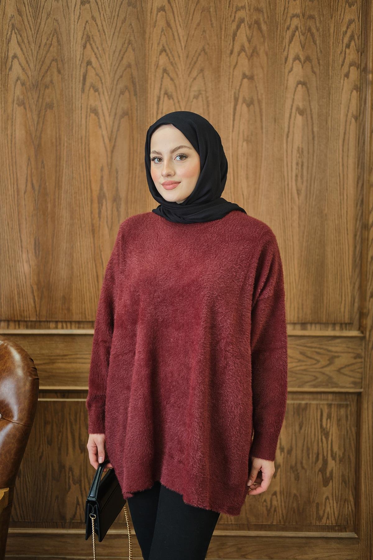 Oversize Kesim Peluş Kazak Bordo