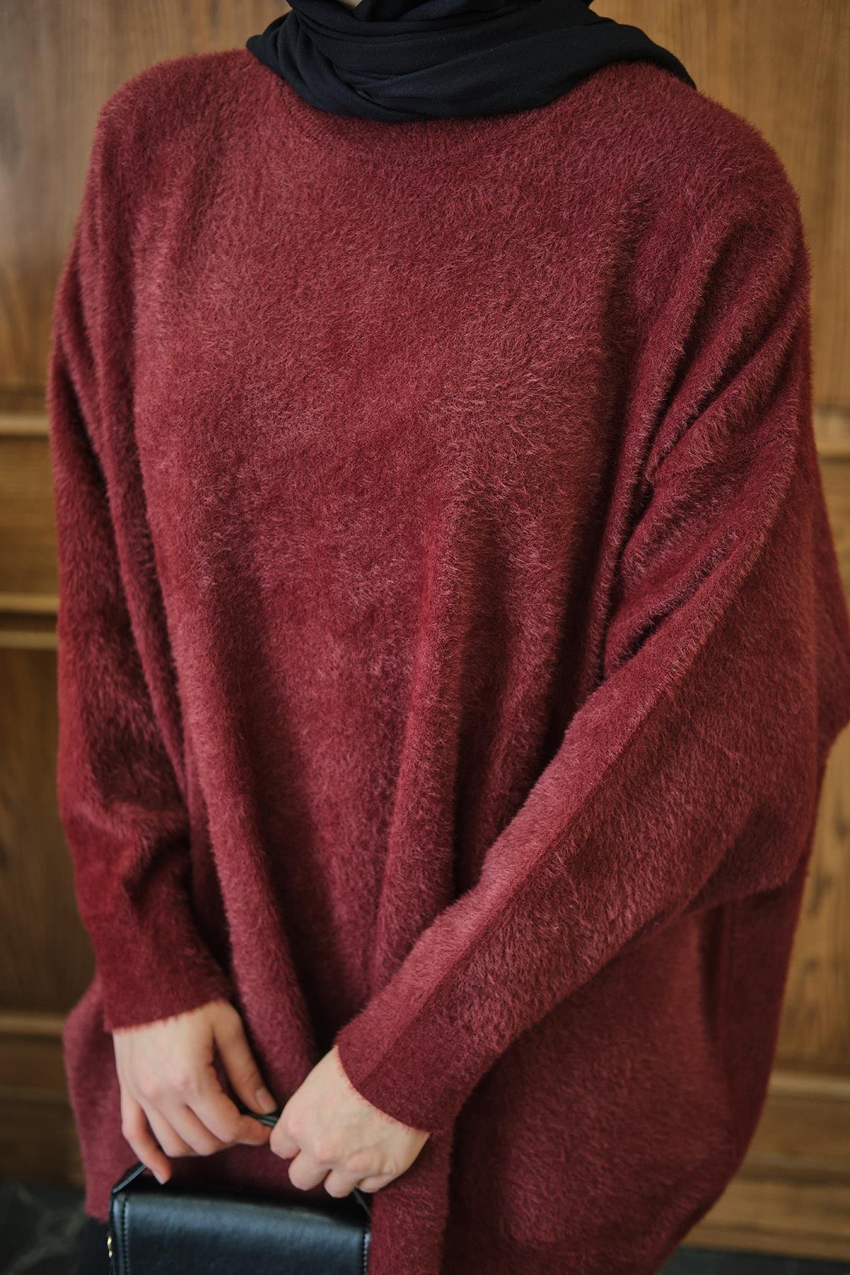 Oversize Kesim Peluş Kazak Bordo