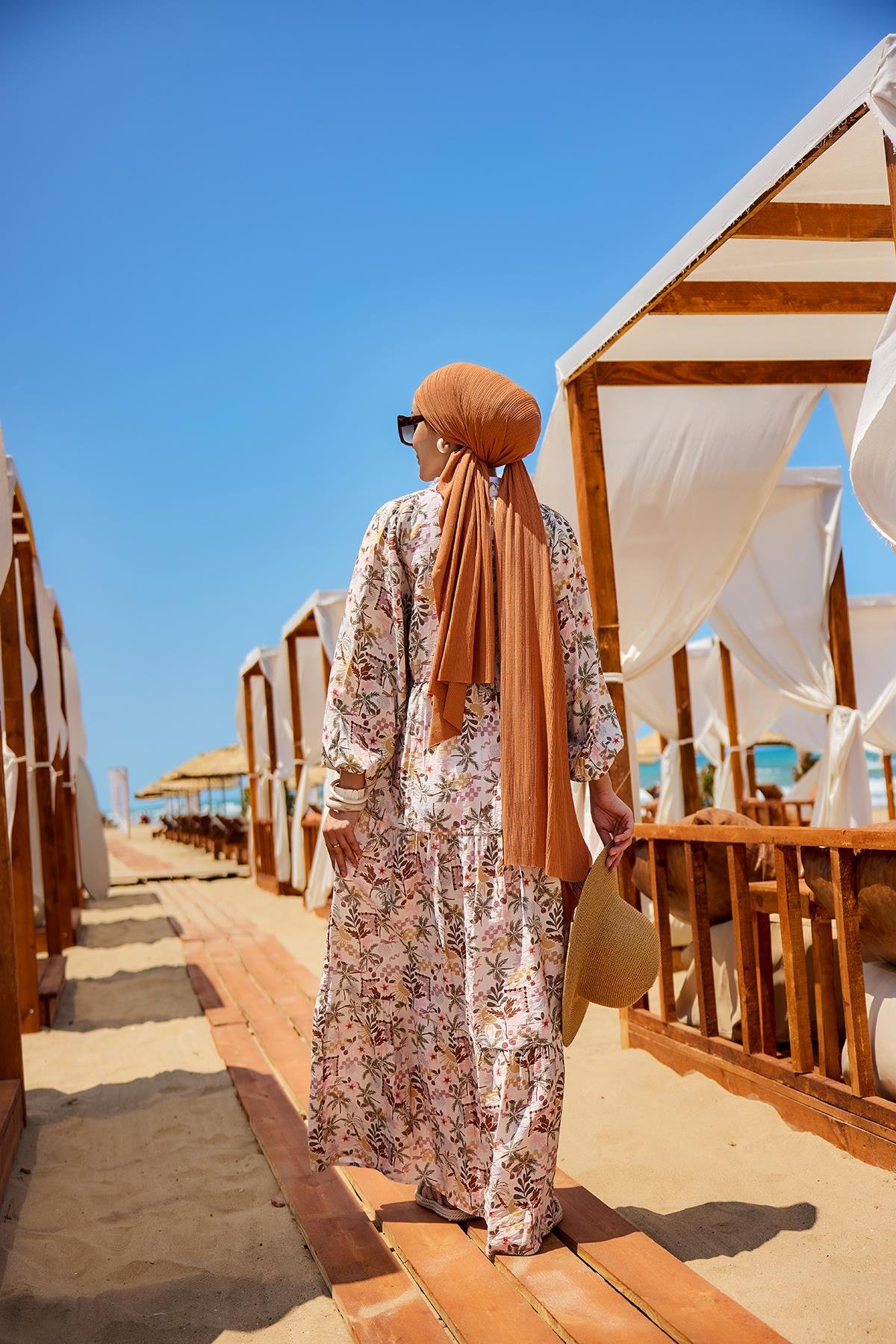 Palmiye Desen Elbise Kahverengi