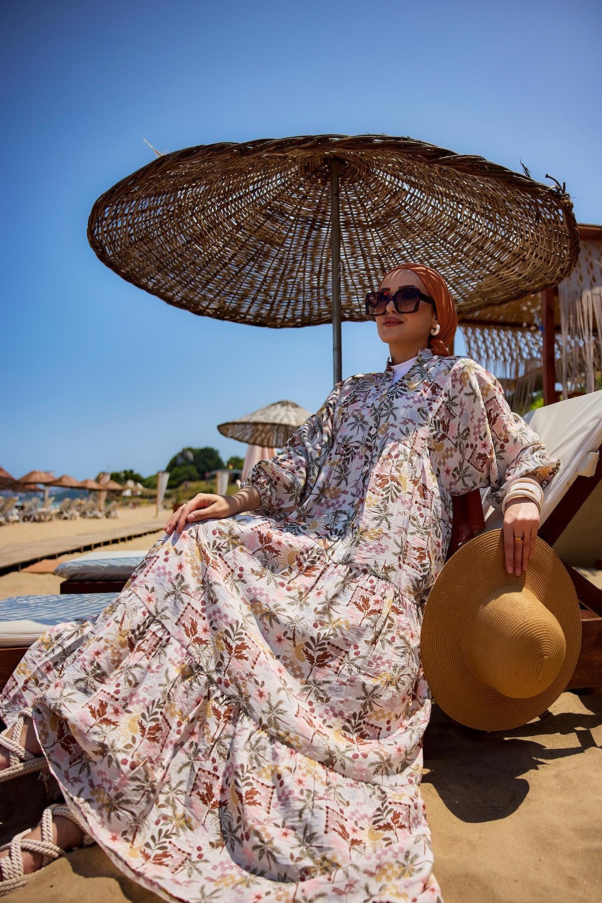 Palmiye Desen Elbise Kahverengi