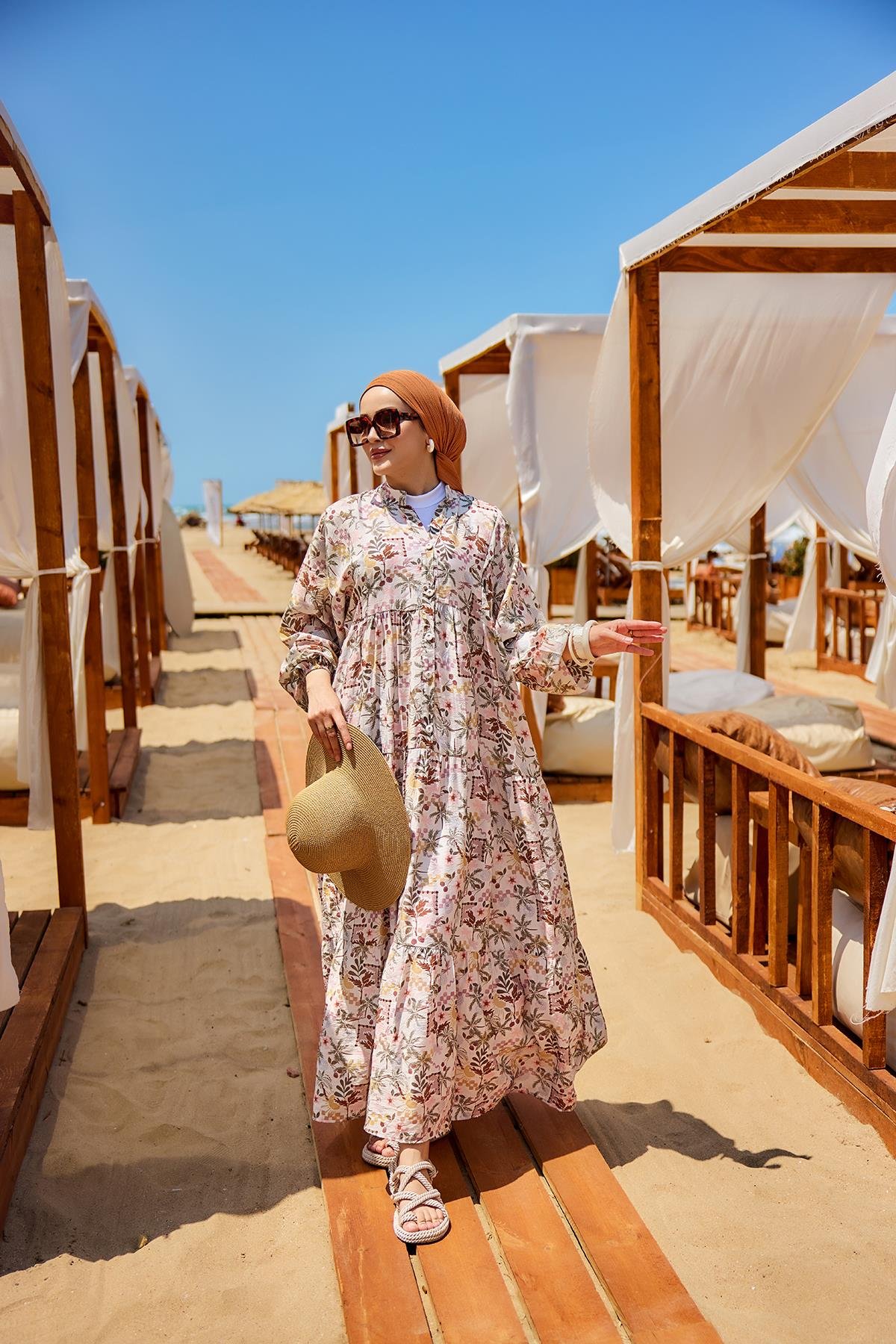 Palmiye Desen Elbise Kahverengi