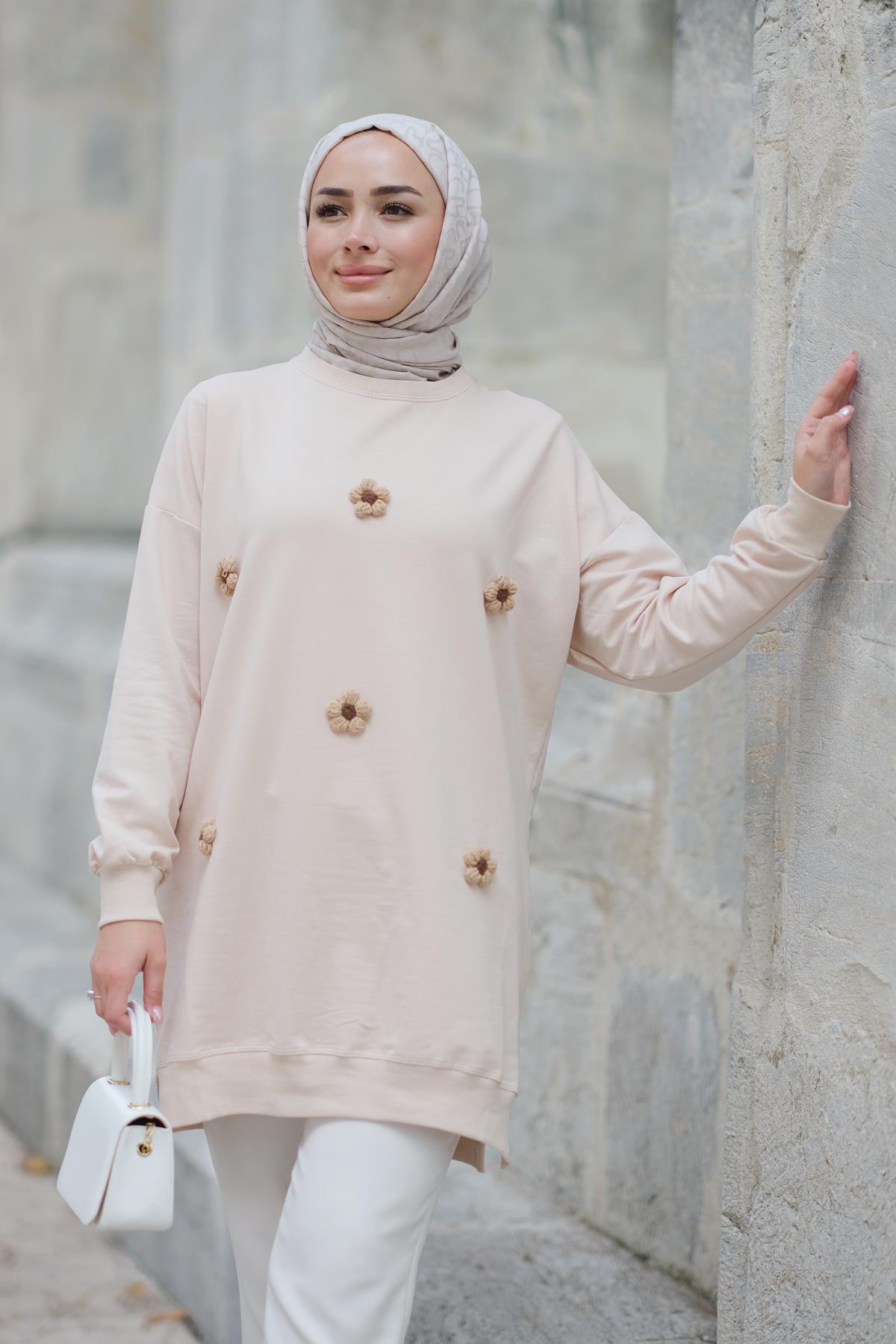 Papatya Nakışlı Tunik Krem