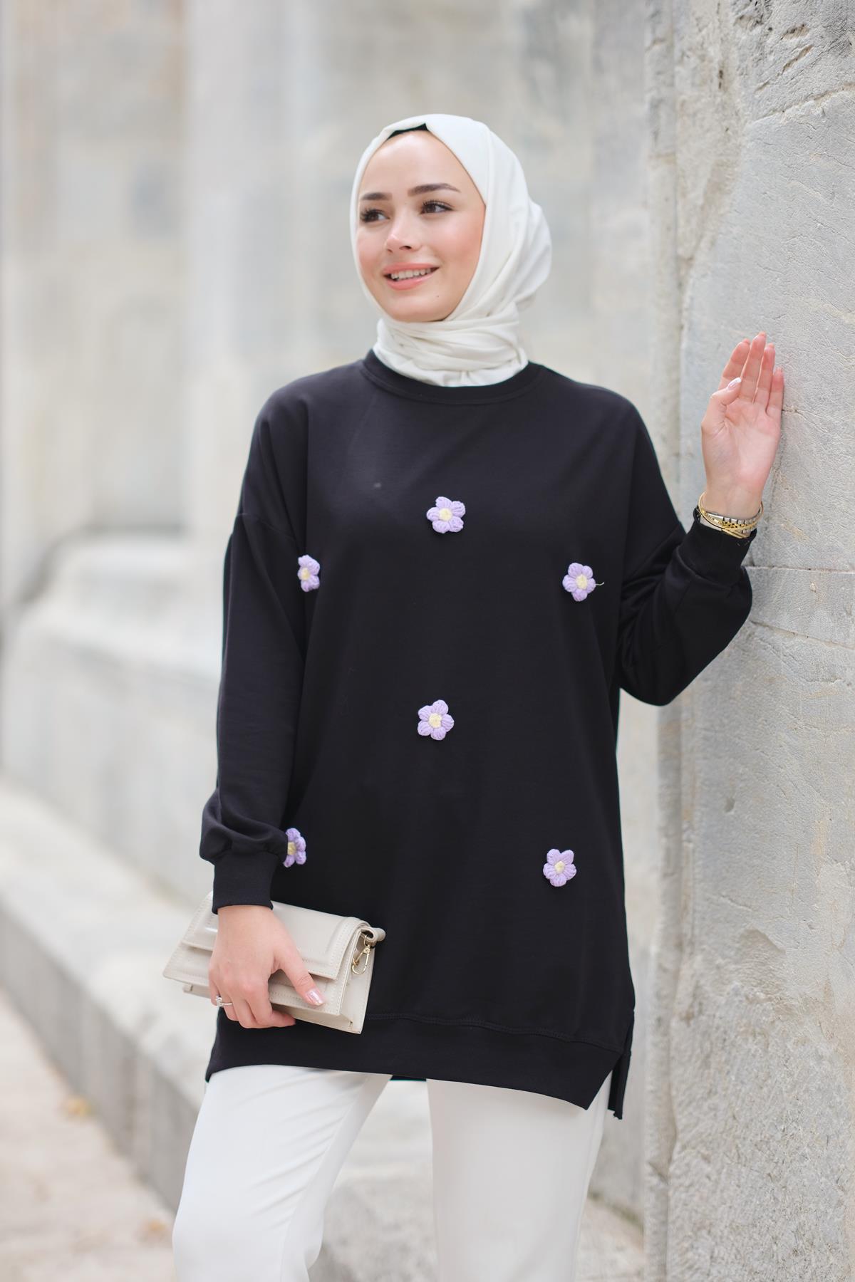 Papatya Nakışlı Tunik Siyah