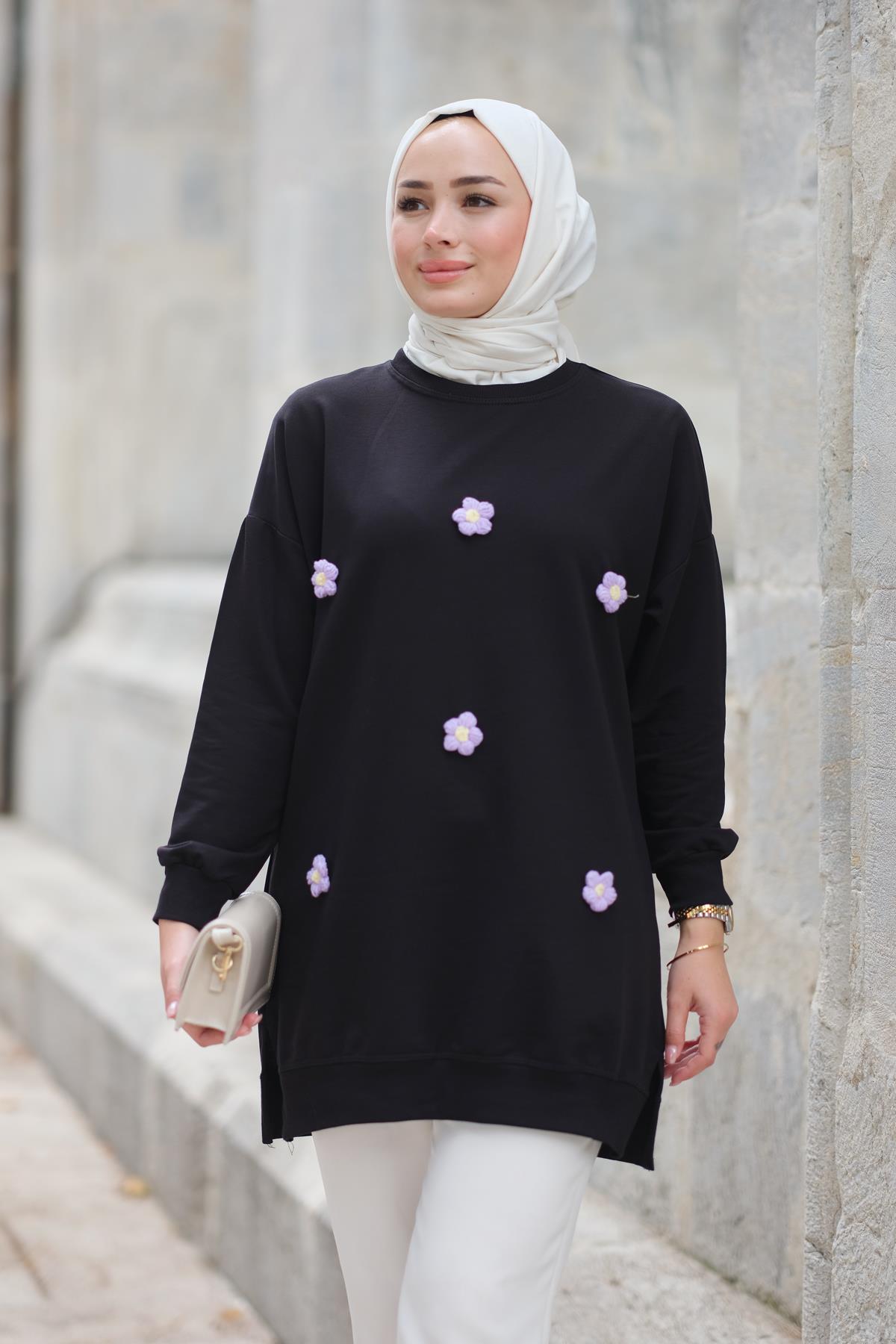 Papatya Nakışlı Tunik Siyah