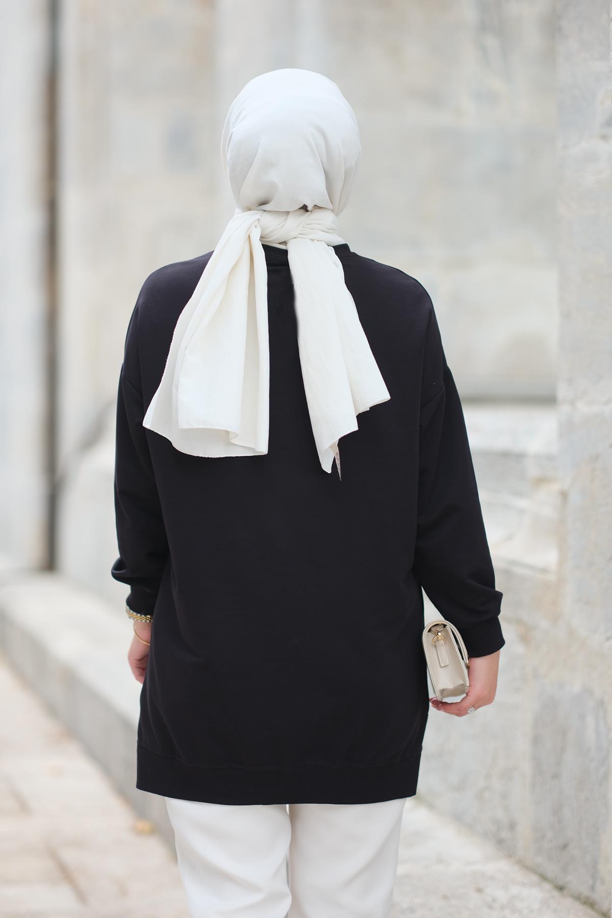 Papatya Nakışlı Tunik Siyah