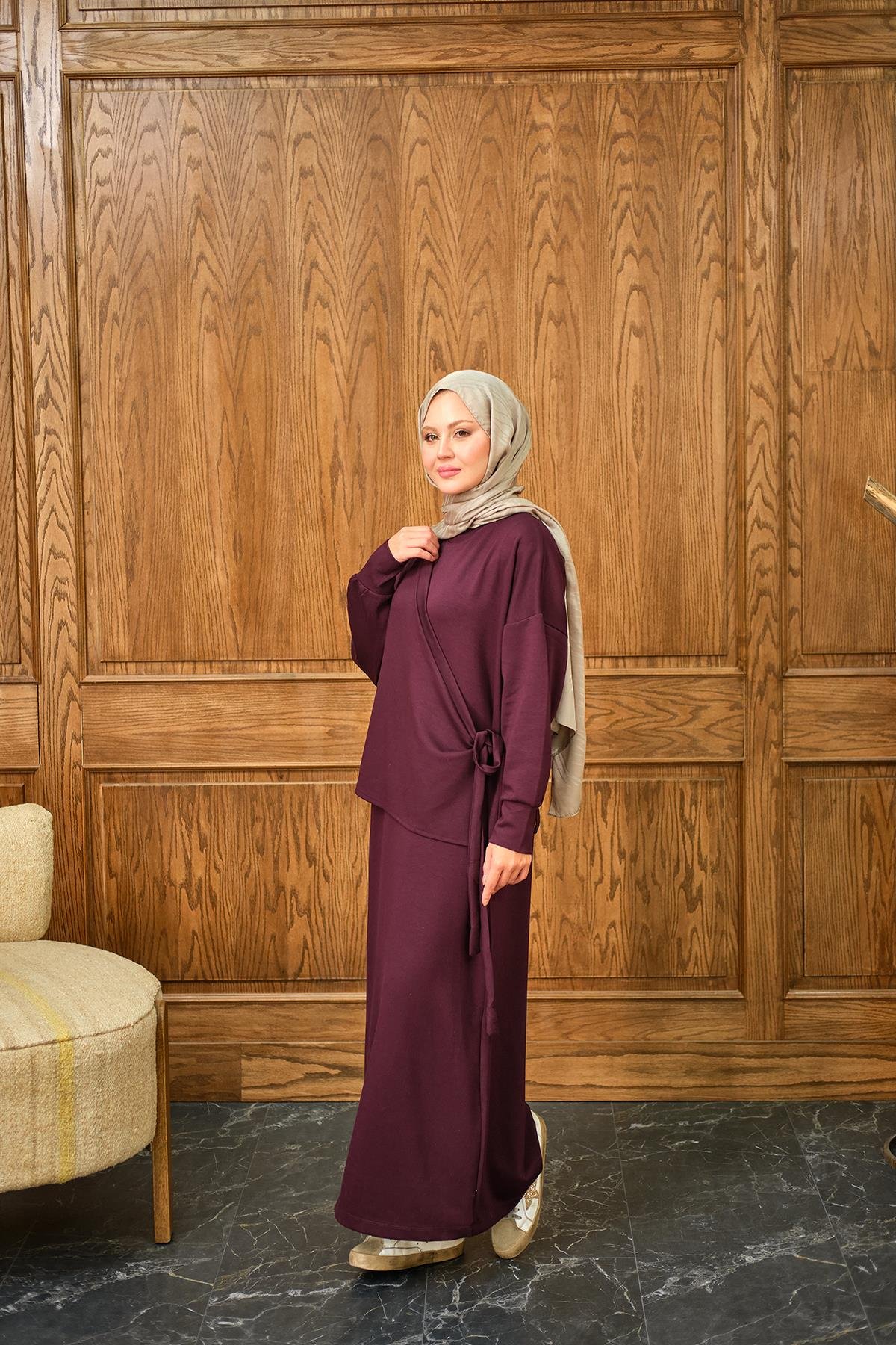 Parça Bağlamalı Elbise Mürdüm