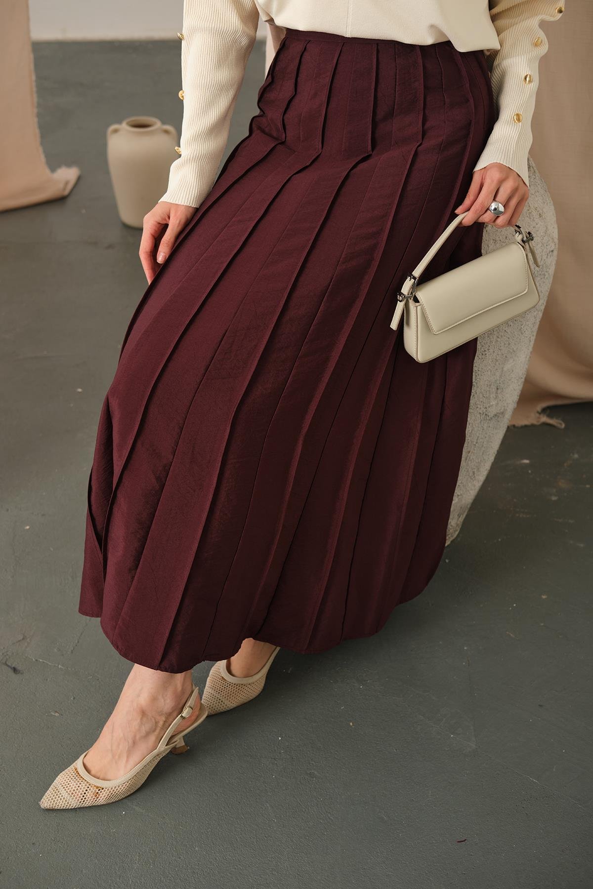 Parçalı Cupra Etek Bordo