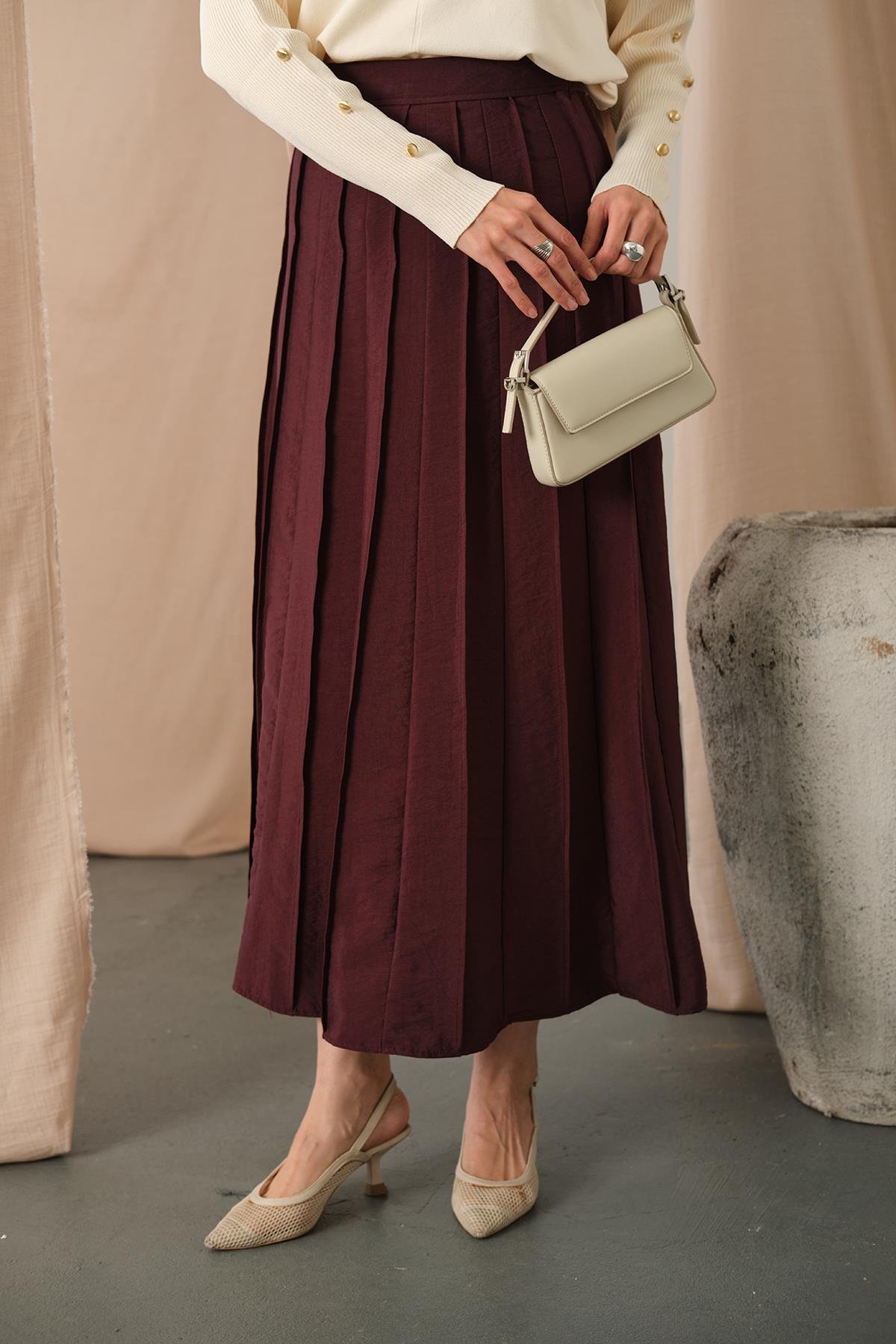 Parçalı Cupra Etek Bordo