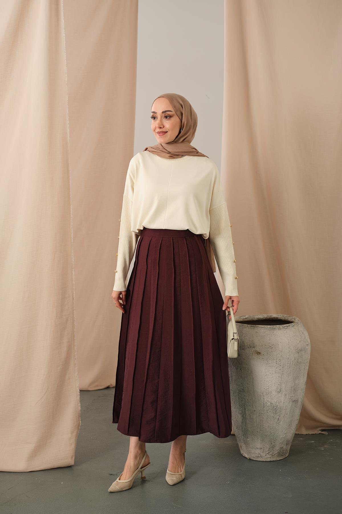 Parçalı Cupra Etek Bordo