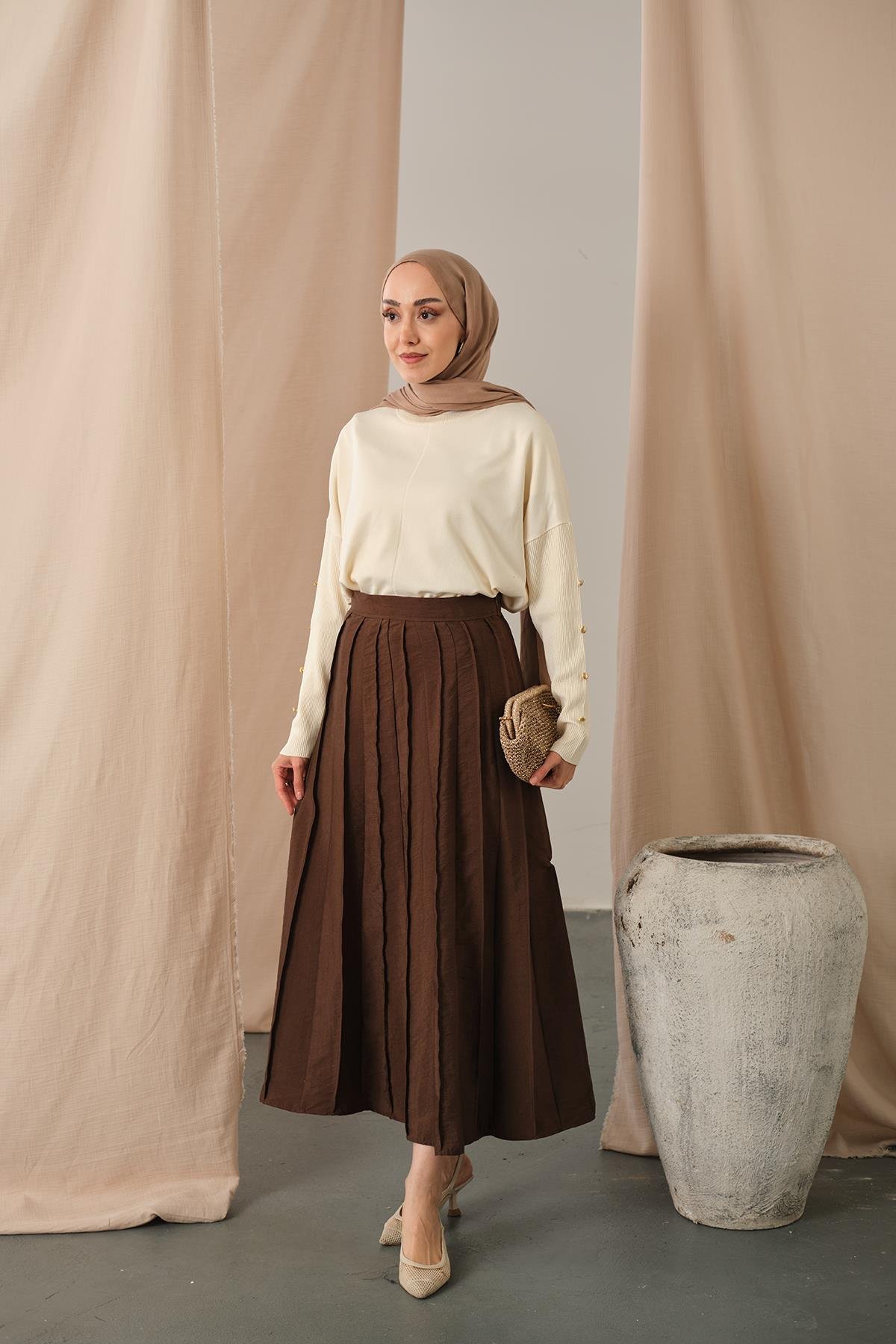 Parçalı Cupra Etek Kahverengi