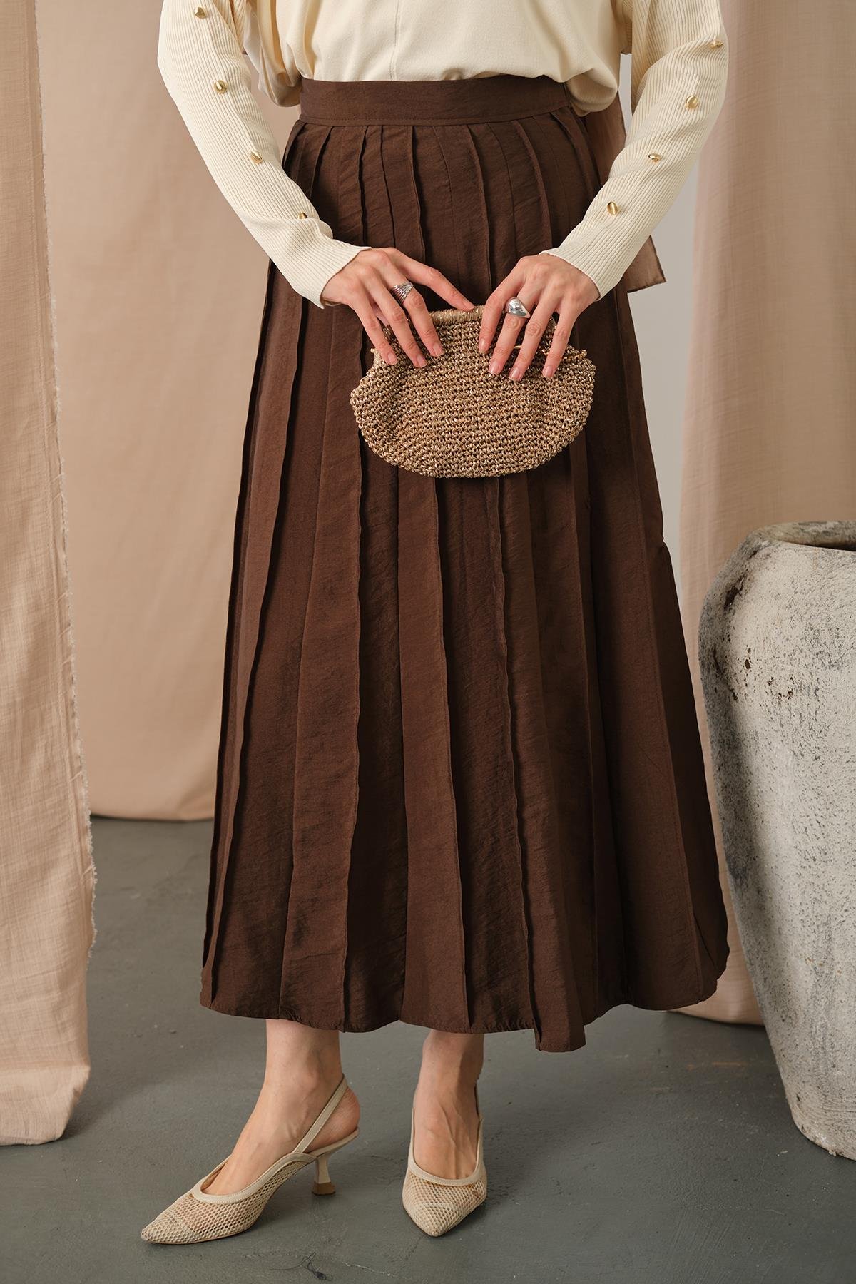 Parçalı Cupra Etek Kahverengi