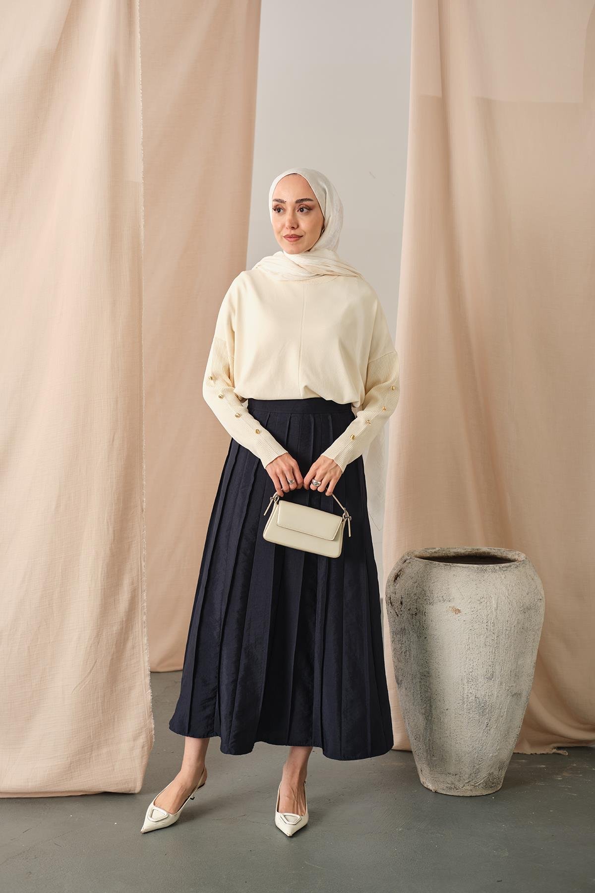 Parçalı Cupra Etek Lacivert