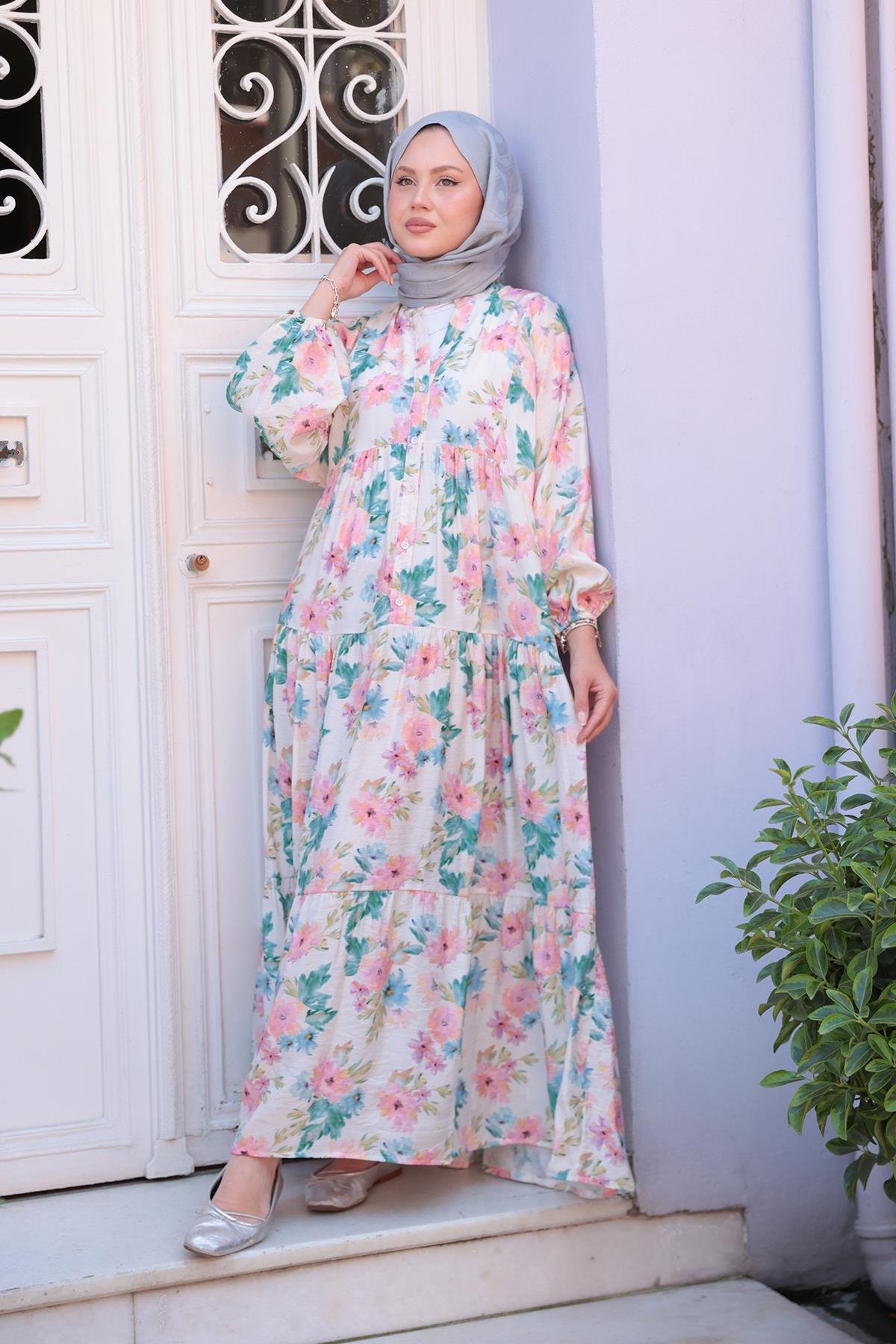 Pastel Çicek Desenli Elbise Pudra