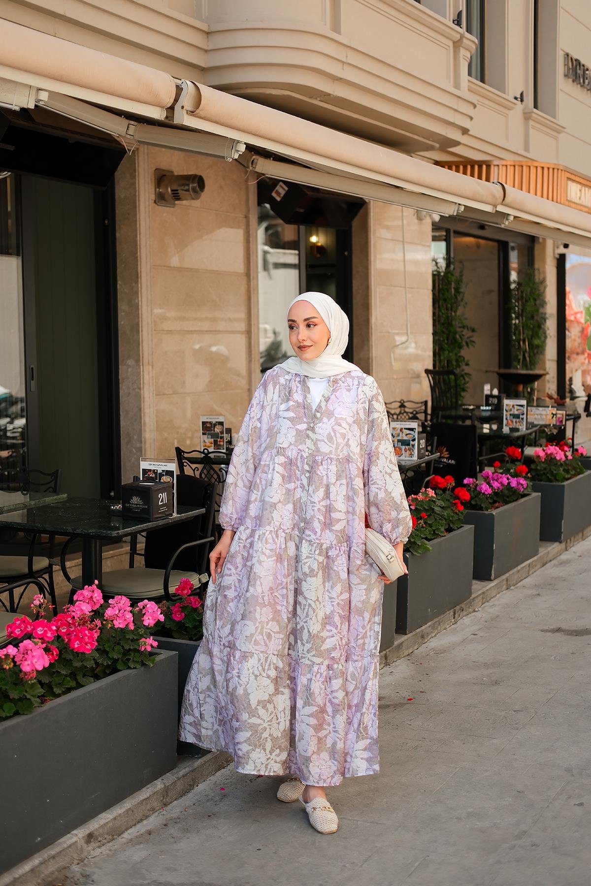 Pastel Çicekli Elbise Lila