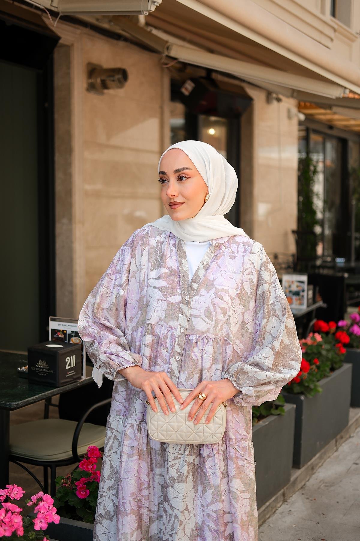 Pastel Çicekli Elbise Lila