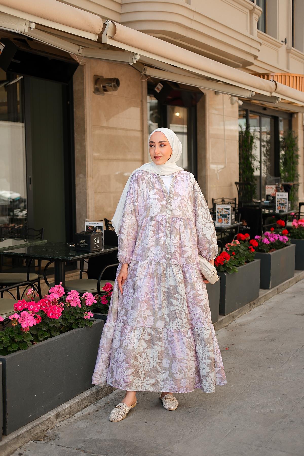 Pastel Çicekli Elbise Lila