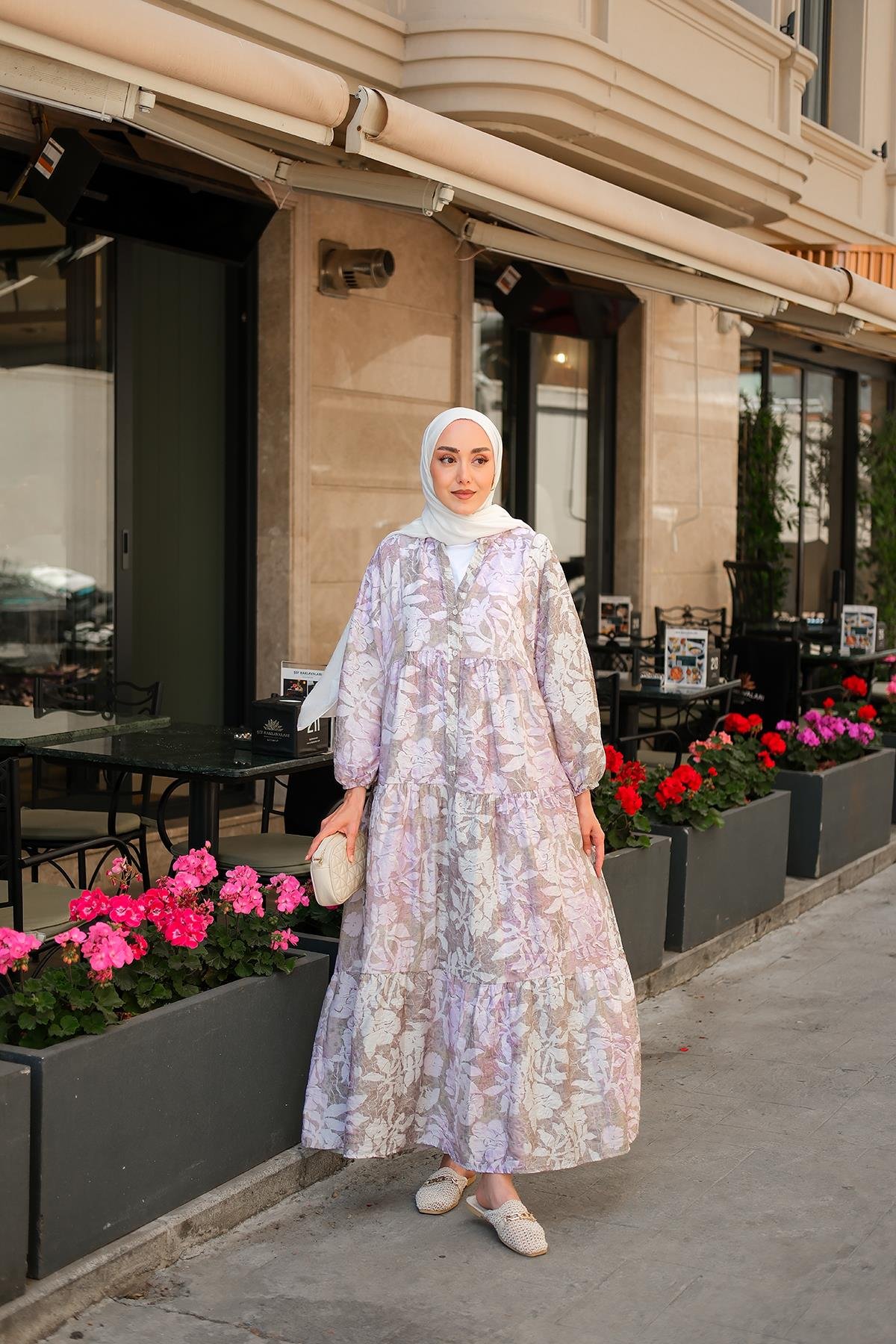 Pastel Çicekli Elbise Lila