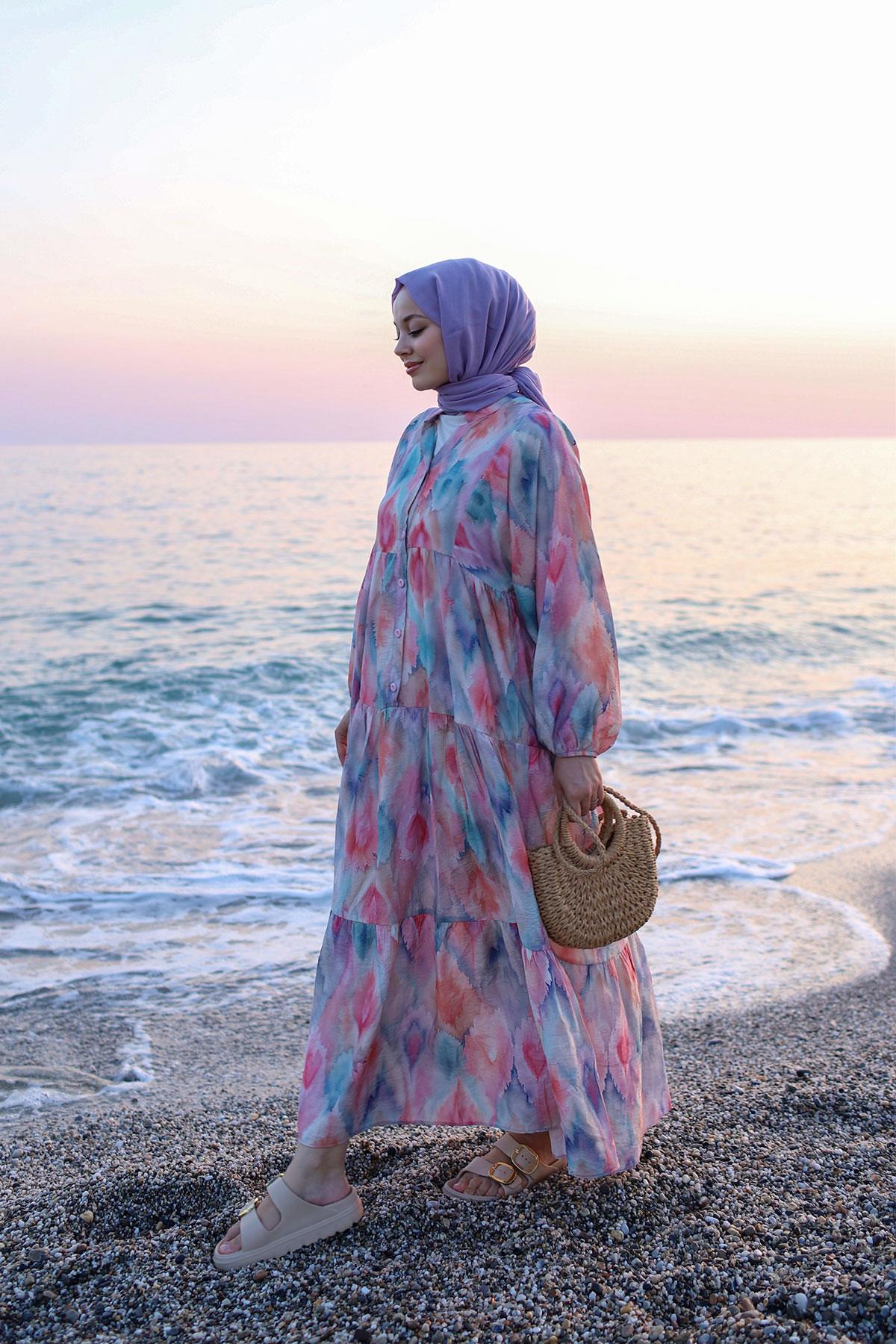 Pastel Esinti Desenli Elbise Somon